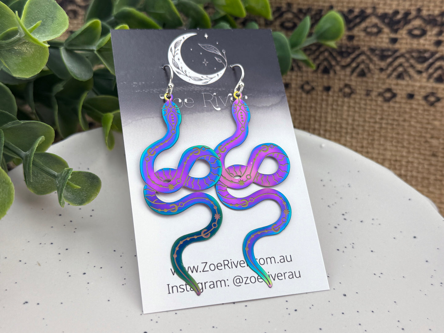 Rainbow snake earrings. 925 sterling silver, stainless steel, nickel free titanium, Long purple earrings, witchy, celestial earrings, Long bohemian snake earrings