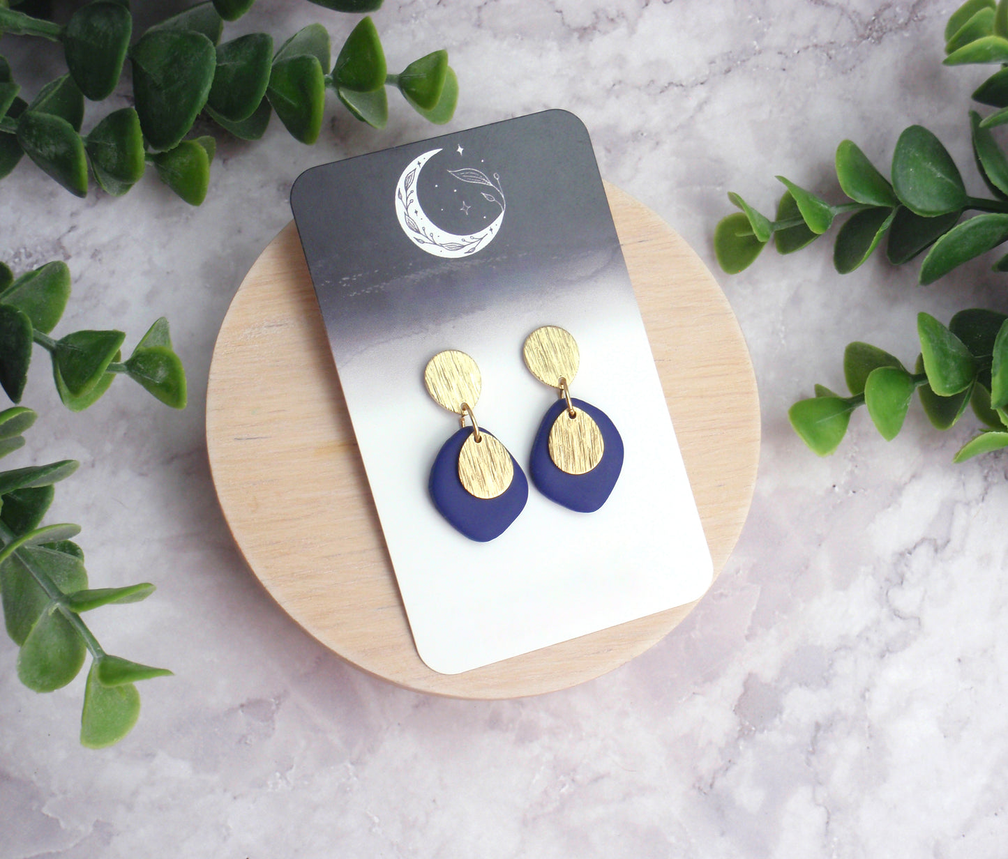 925 sterling silver, nickel free titanium or stainless steel earrings. Dark navy blue polymer clay gold geometric organic hypoallergenic
