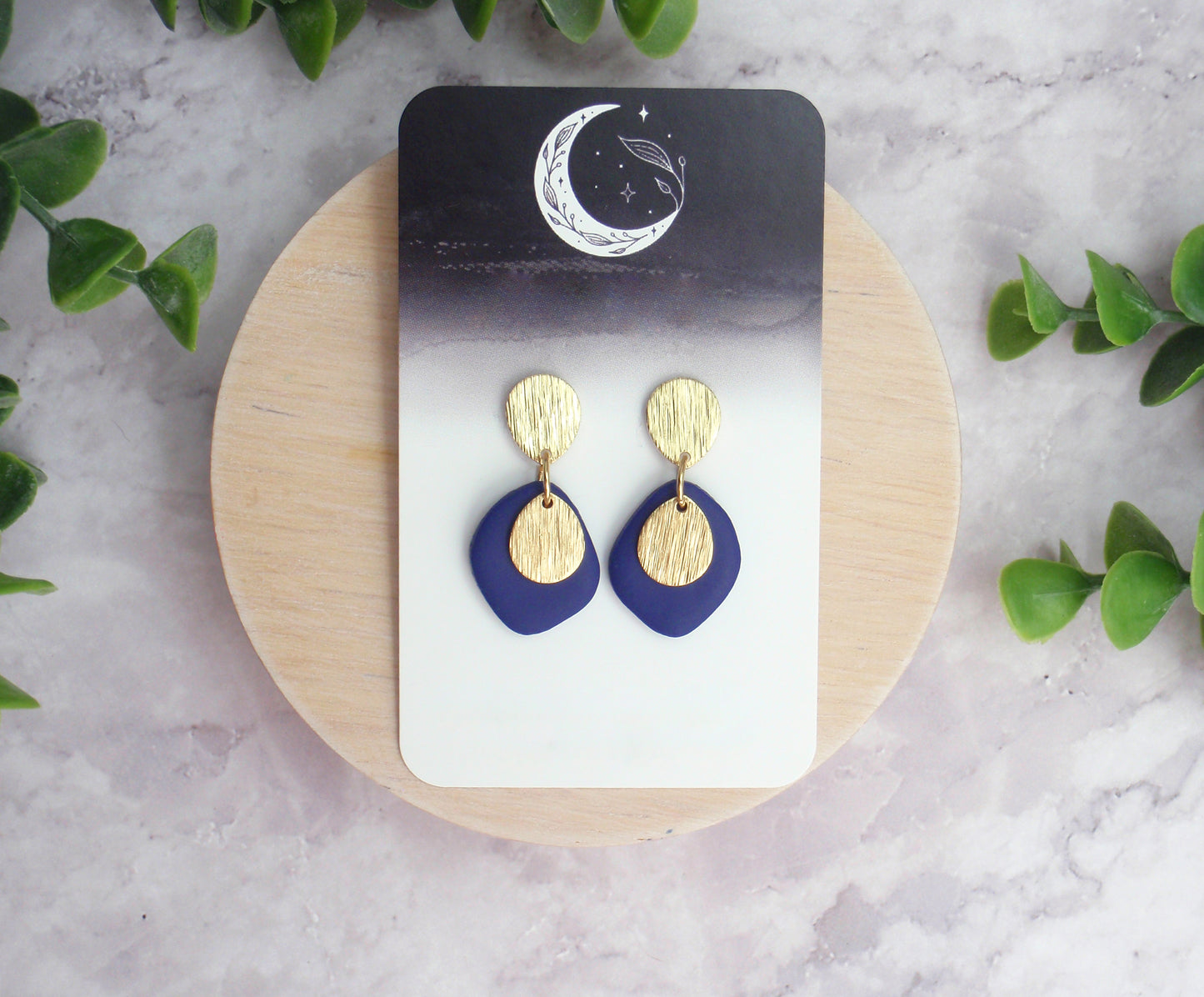 925 sterling silver, nickel free titanium or stainless steel earrings. Dark navy blue polymer clay gold geometric organic hypoallergenic