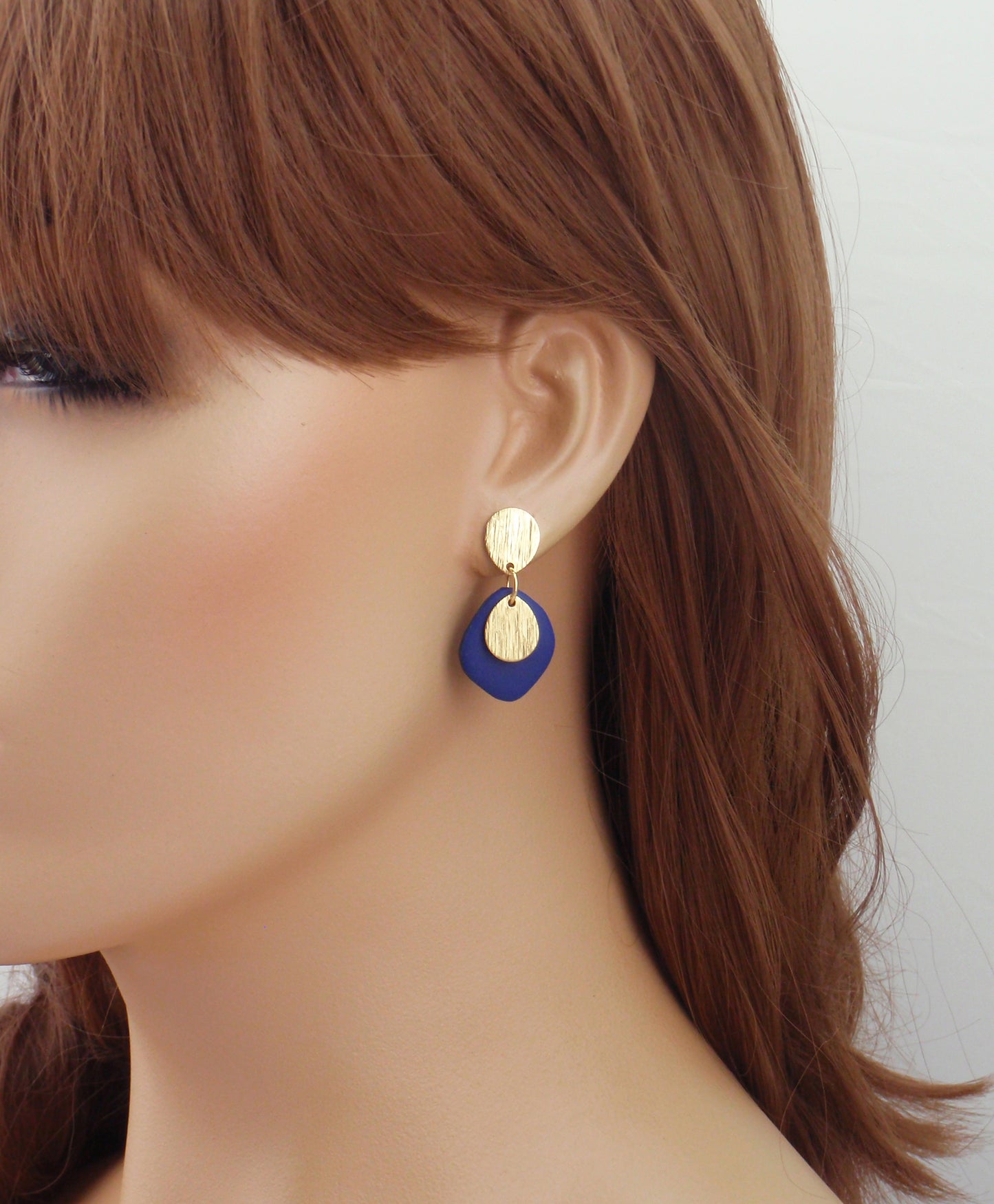 925 sterling silver, nickel free titanium or stainless steel earrings. Dark navy blue polymer clay gold geometric organic hypoallergenic