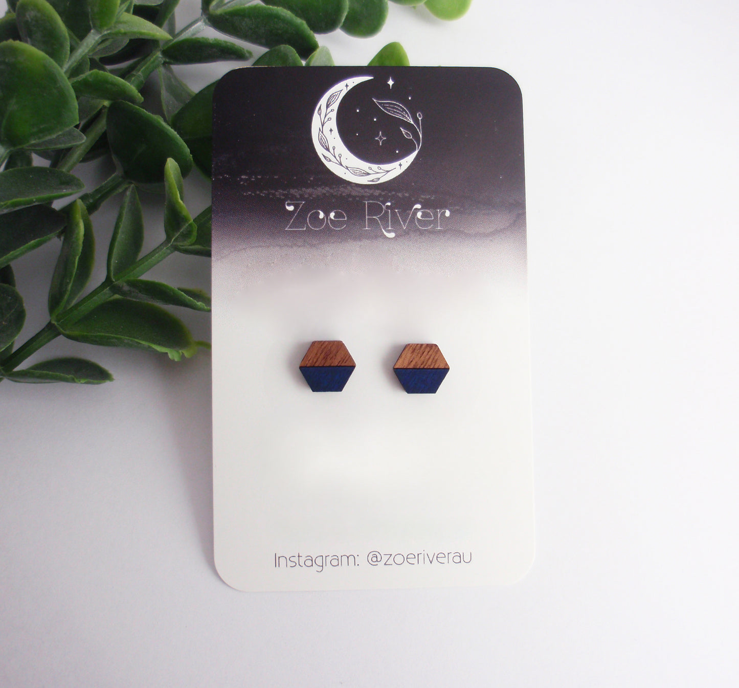 Stud earrings. 925 sterling silver stainless steel nickel-free titanium. Navy blue, black or white dainty small tiny hexagons geometric