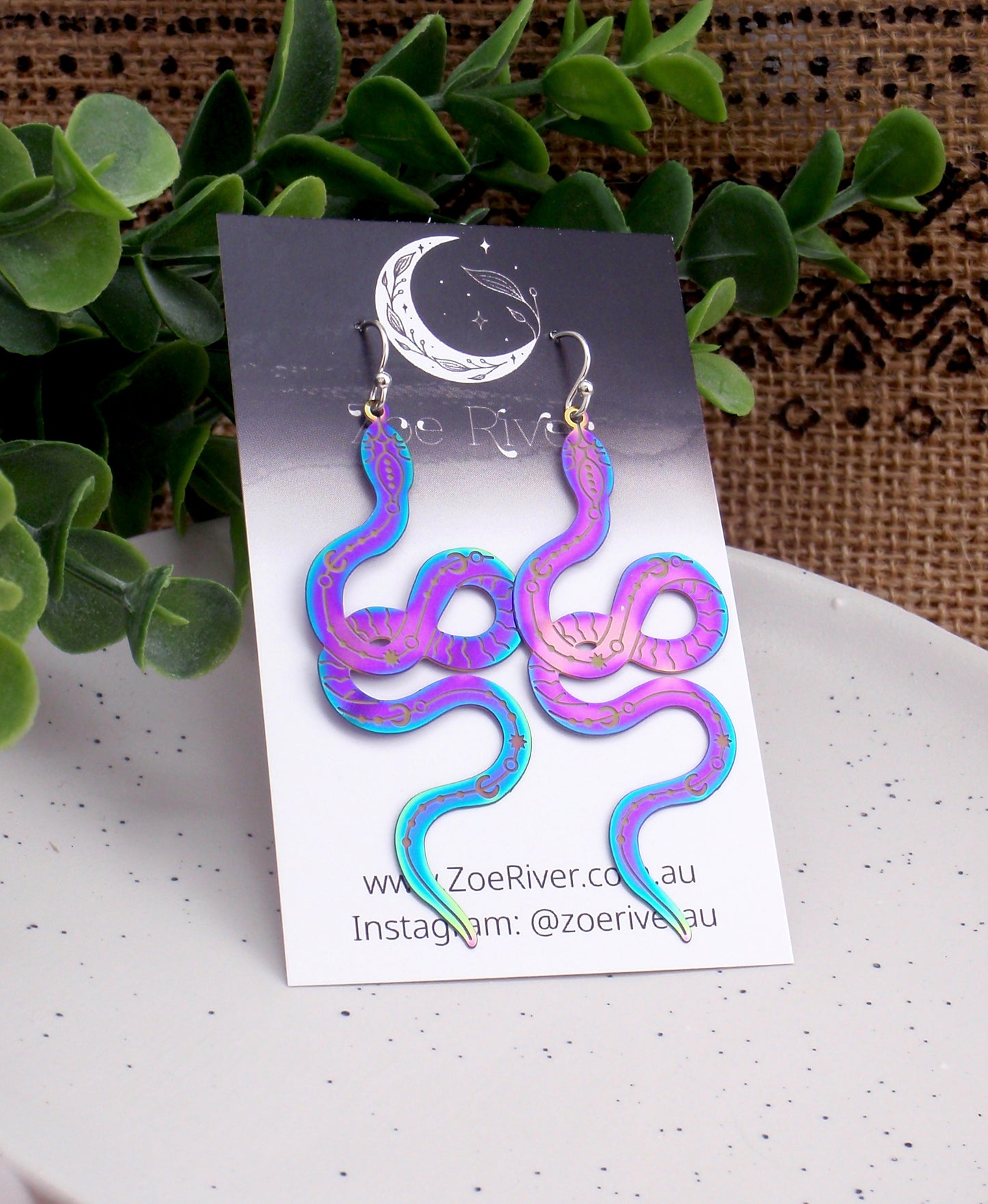 Rainbow snake earrings. 925 sterling silver, stainless steel, nickel free titanium, Long purple earrings, witchy, celestial earrings, Long bohemian snake earrings