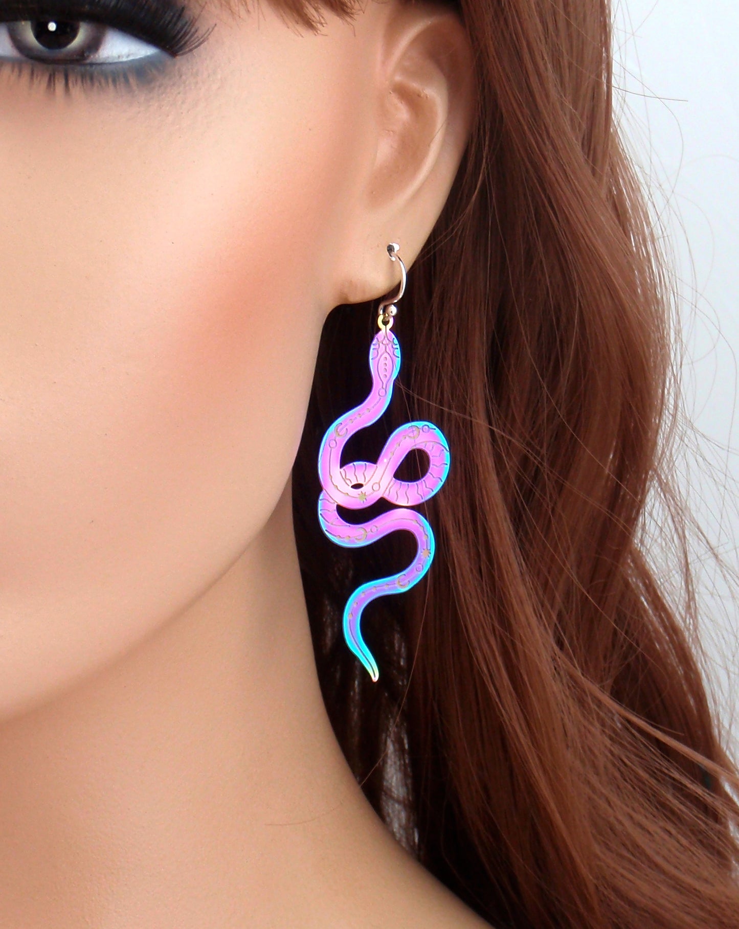 Rainbow snake earrings. 925 sterling silver, stainless steel, nickel free titanium, Long purple earrings, witchy, celestial earrings, Long bohemian snake earrings