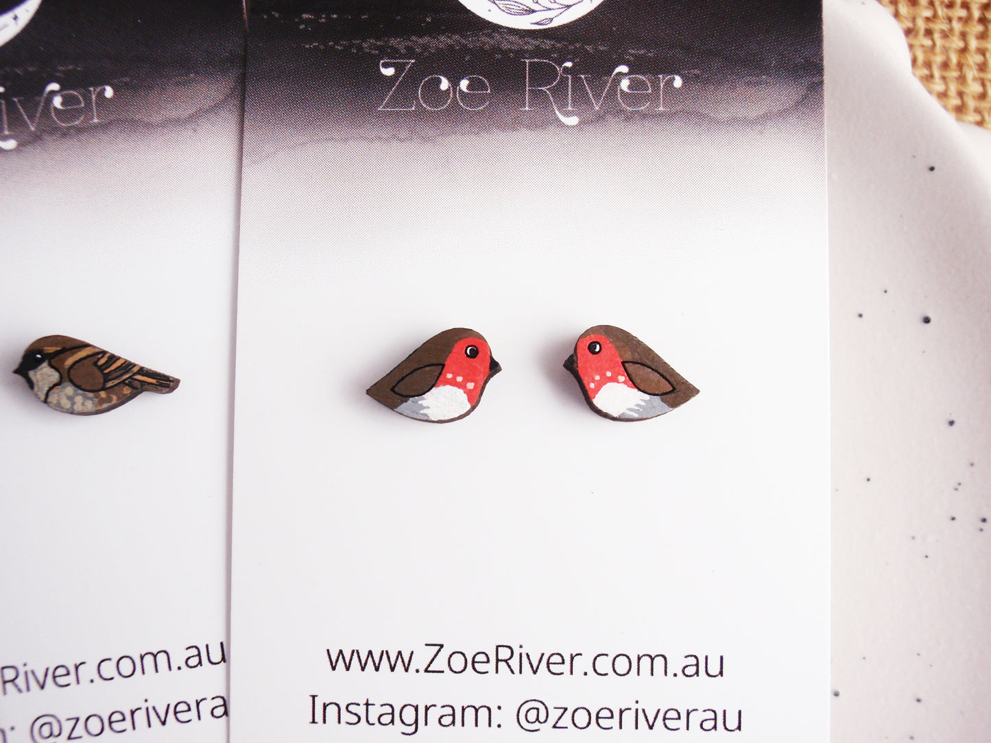 Handpainted dainty bird stud earrings with your choice -925 sterling silver, stainless steel, nickel free titanium. Red robin, brown sparrow bird post earrings
