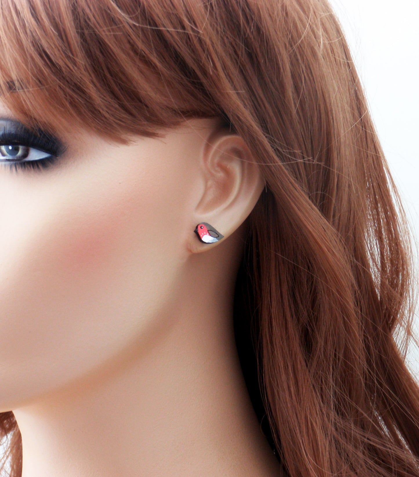 Handpainted dainty bird stud earrings with your choice -925 sterling silver, stainless steel, nickel free titanium. Red robin, brown sparrow bird post earrings