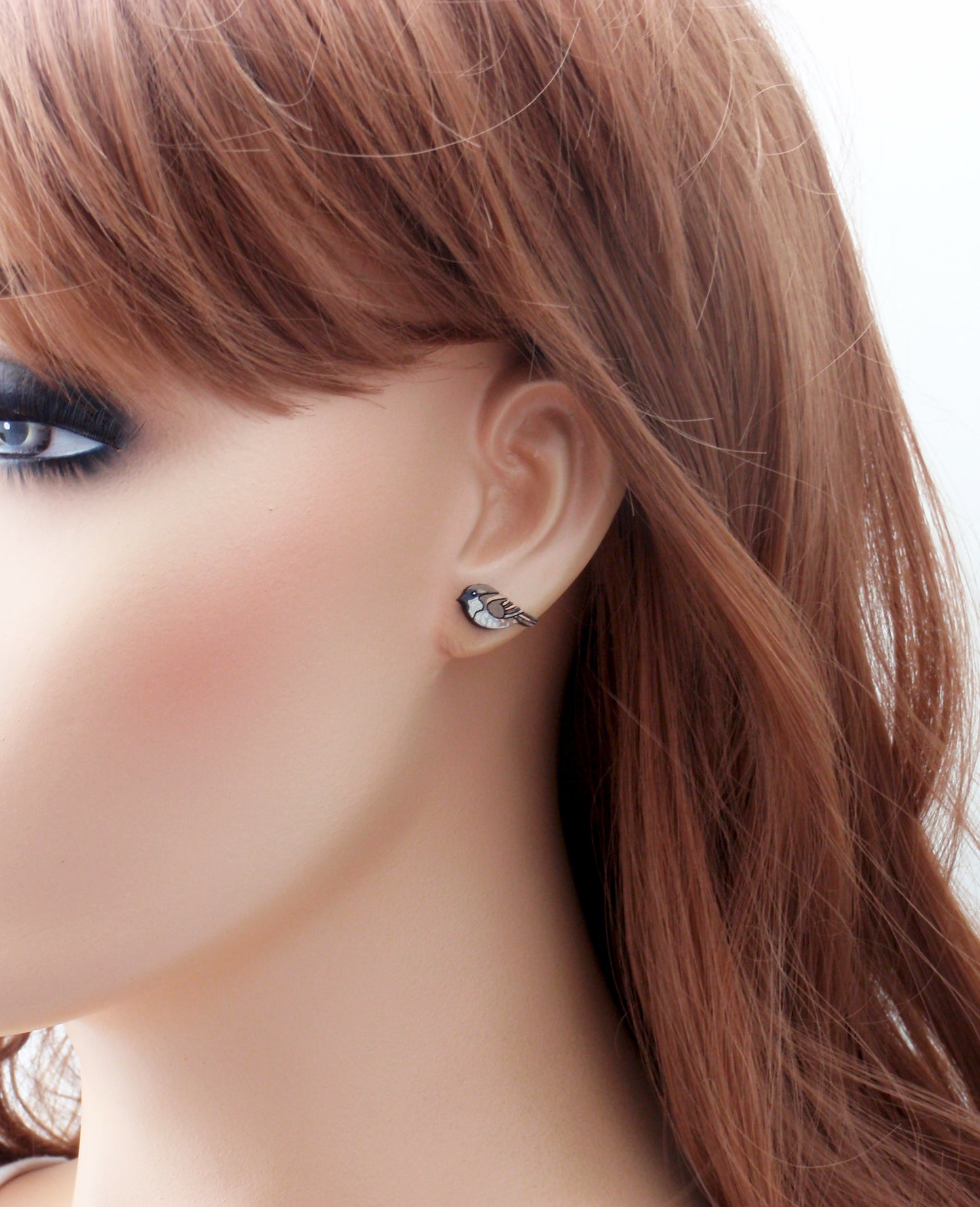 Handpainted dainty bird stud earrings with your choice -925 sterling silver, stainless steel, nickel free titanium. Red robin, brown sparrow bird post earrings