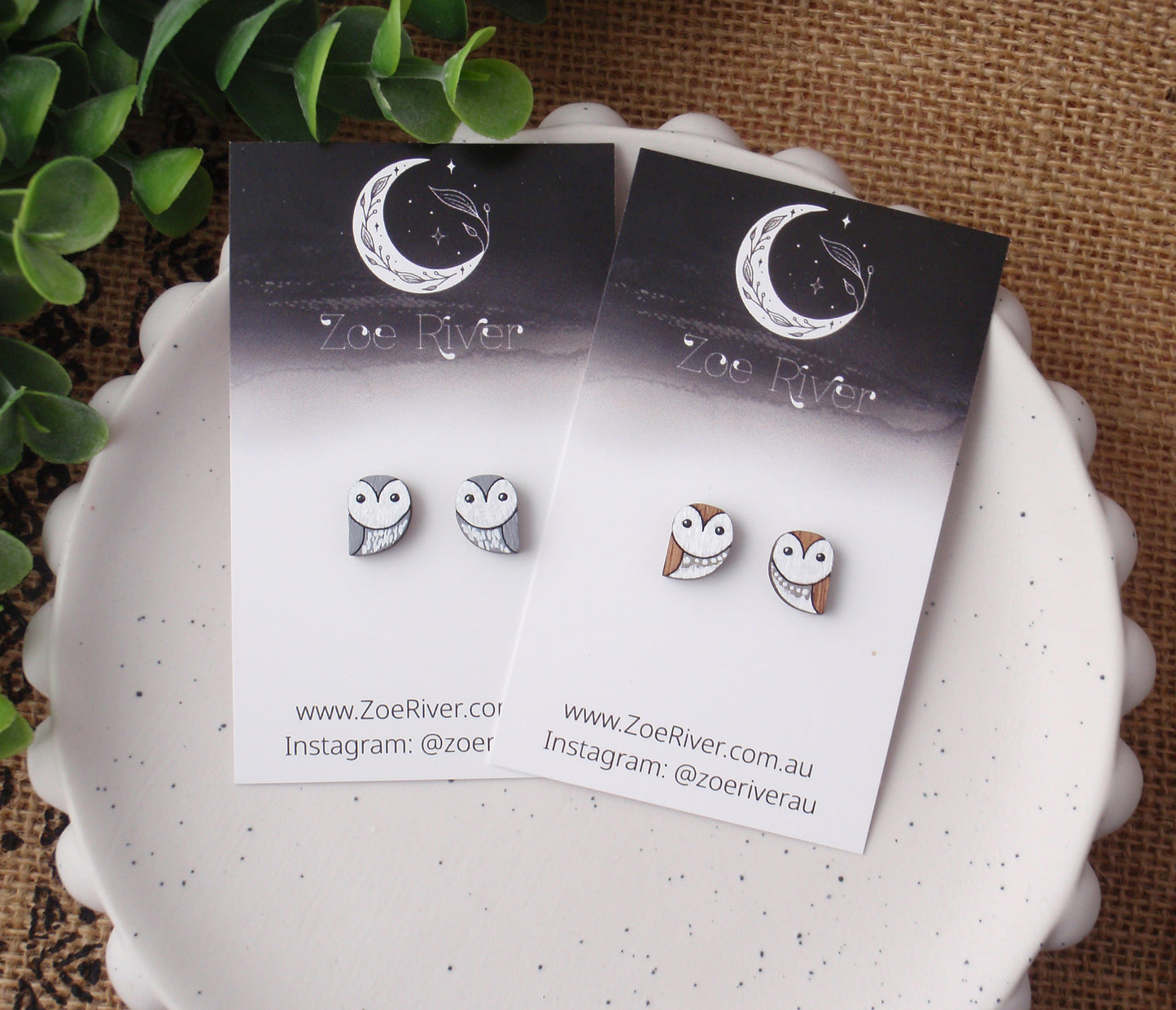 Handpainted dainty owl stud earrings with your choice -925 sterling silver, stainless steel, nickel free titanium. Brown owl, white owl, powerful owl bird post earrings