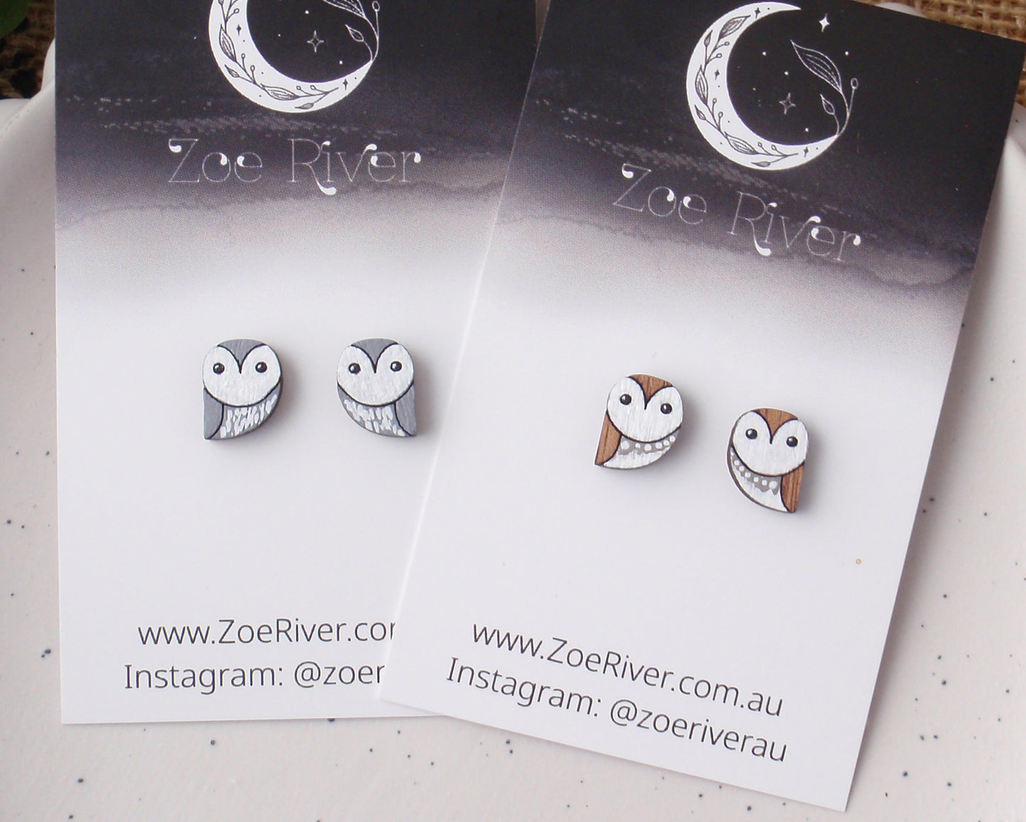 Handpainted dainty owl stud earrings with your choice -925 sterling silver, stainless steel, nickel free titanium. Brown owl, white owl, powerful owl bird post earrings