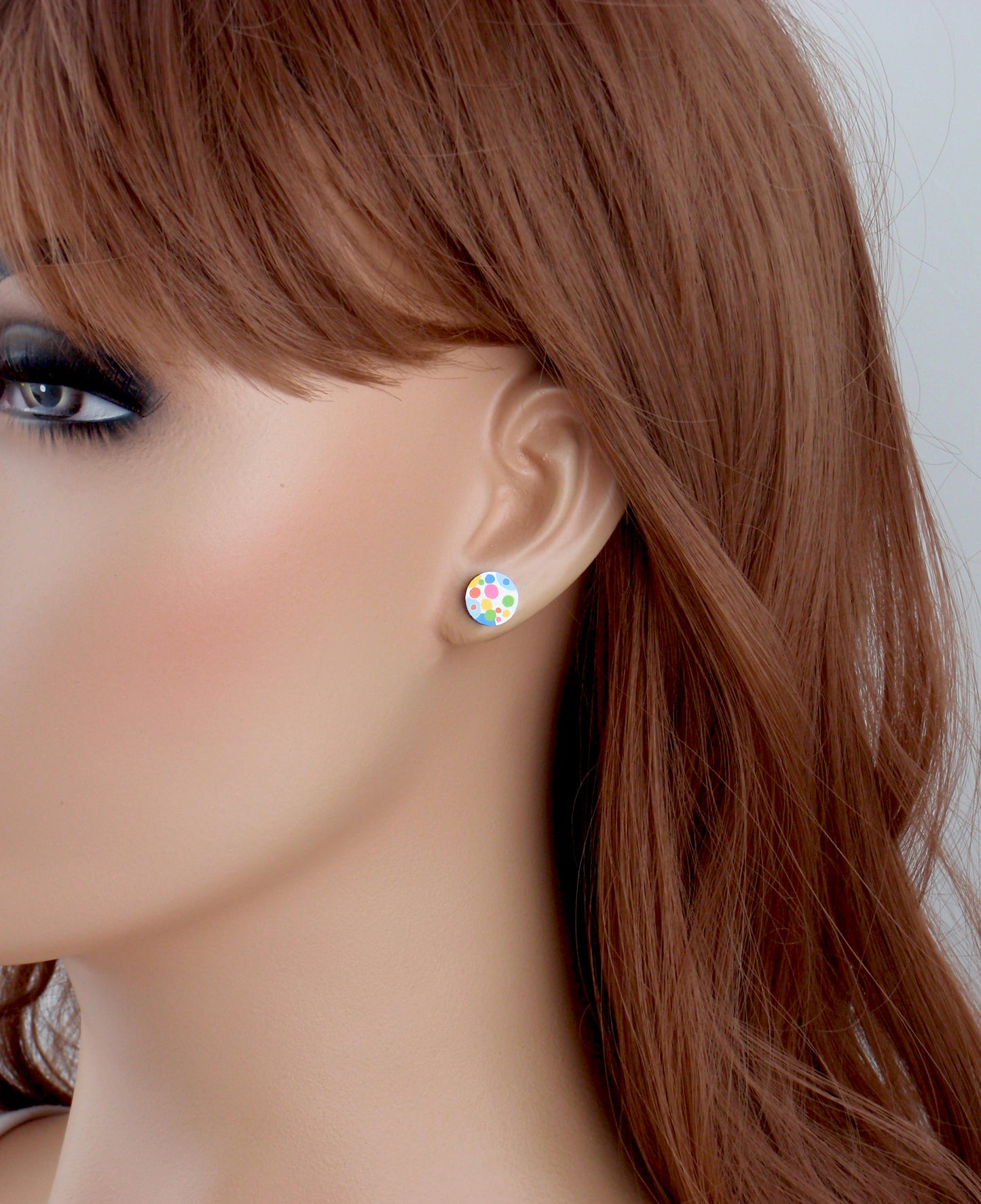 Rainbow polka dot handpainted dainty stud earrings with your choice -925 sterling silver, stainless steel, nickel free titanium. Dotty, dots, yellow, orange, pink, blue, green post earrings