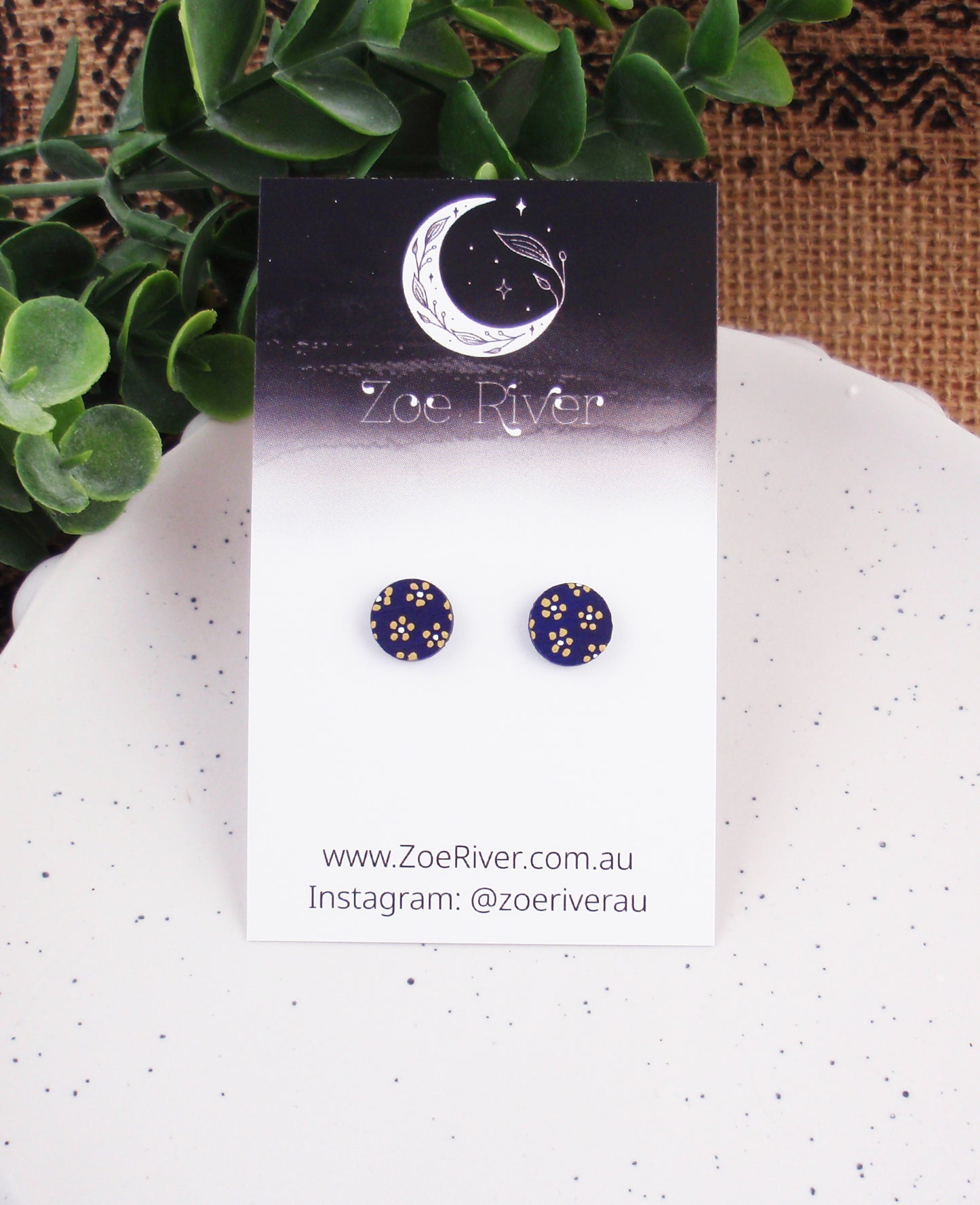 Navy blue & mustard ochre handpainted dainty stud earrings with your choice -925 sterling silver, stainless steel, nickel free titanium. Flower, floral post earrings