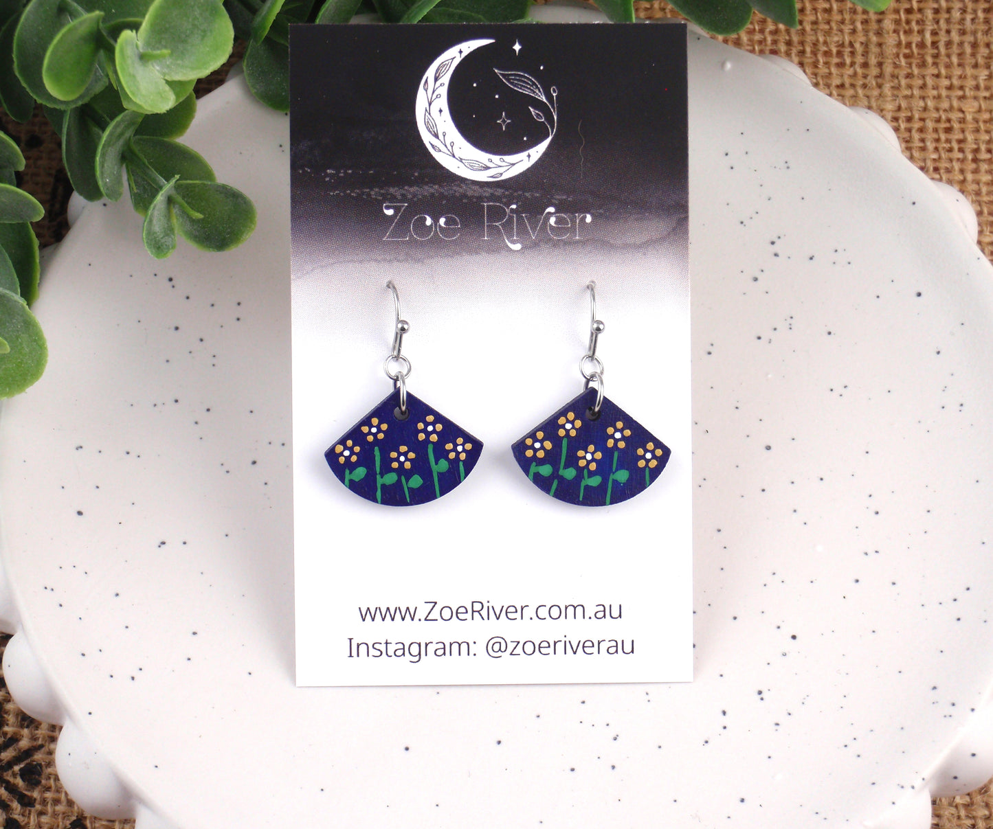 Navy blue & mustard ochre handpainted dainty earrings with your choice -925 sterling silver, stainless steel, nickel free titanium. Flower, floral post earrings