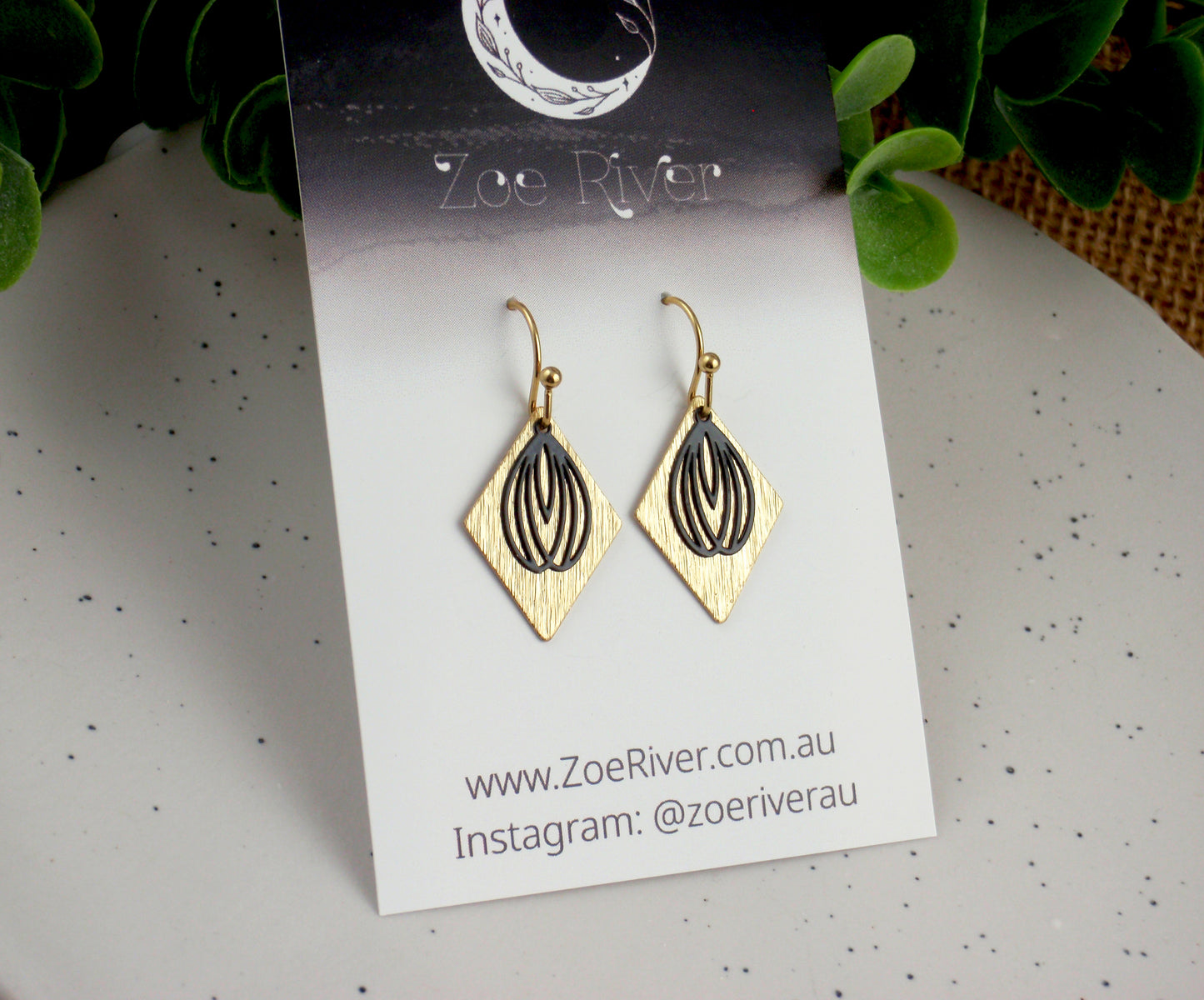 Black and gold textured brass earrings. Diamond shaped earrings. 14k gold filled, or stainless steel.