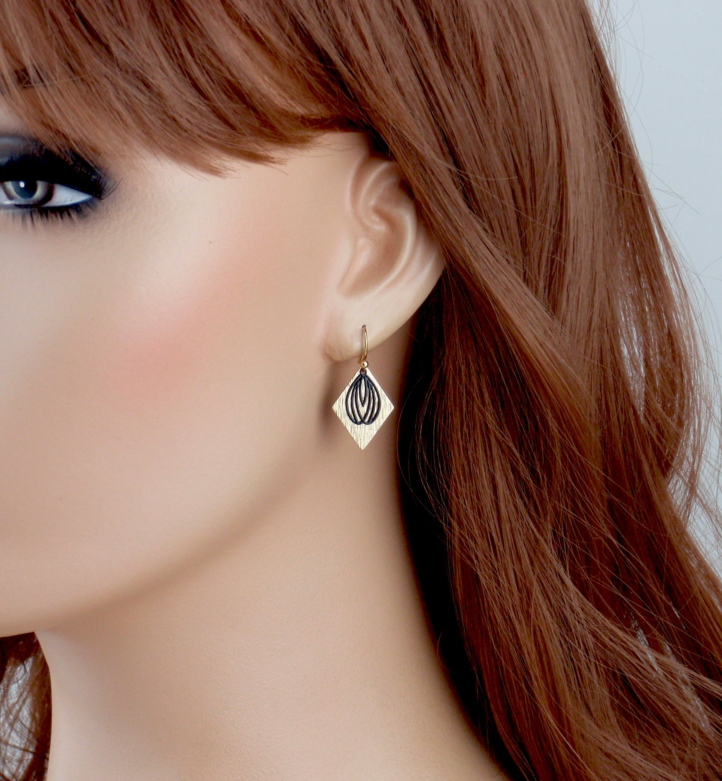 Black and gold textured brass earrings. Diamond shaped earrings. 14k gold filled, or stainless steel.