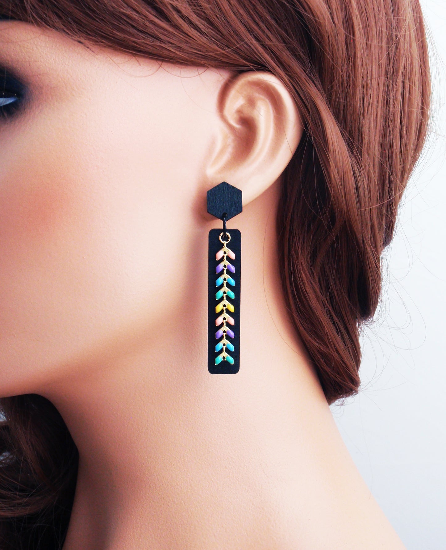 Lightweight wood black hexagon rainbow stud post earrings, choose 925 sterling silver nickel free titanium or stainless steel hypoallergenic