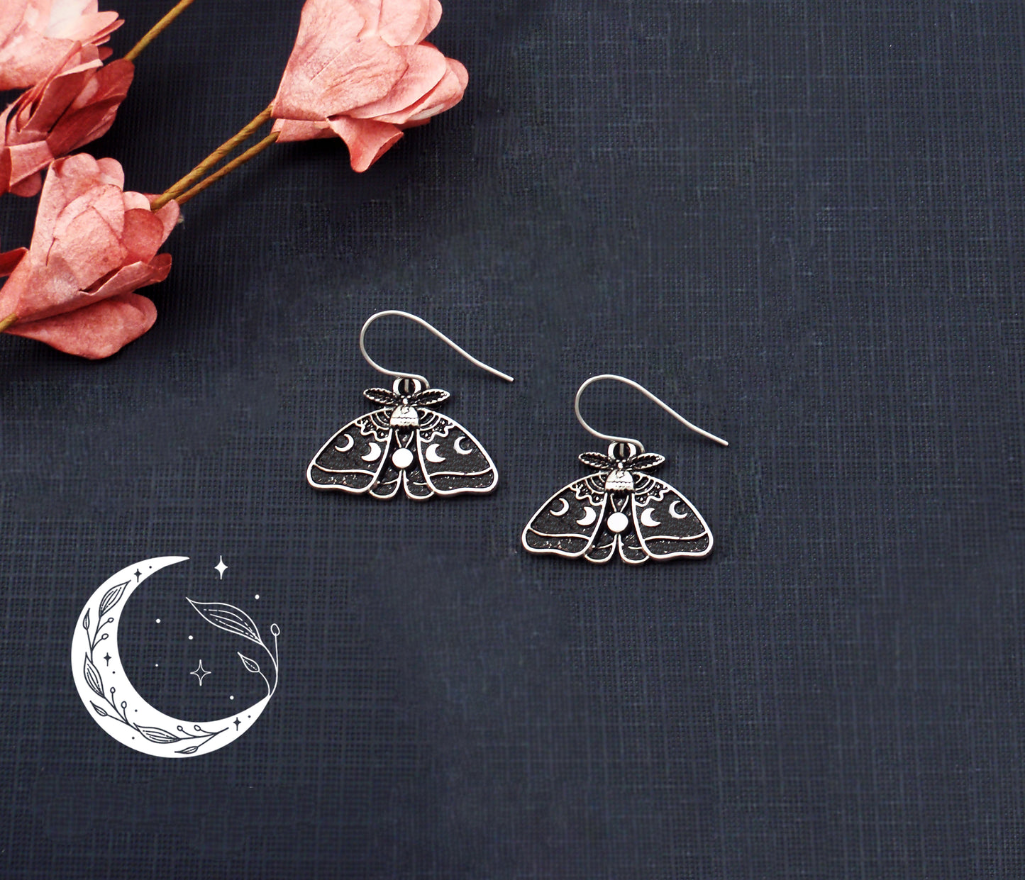 Moon phase luna moth earrings. Stainless steel, antiqued silver celestial crescent drop dangle earrings. Lunar moth earrings