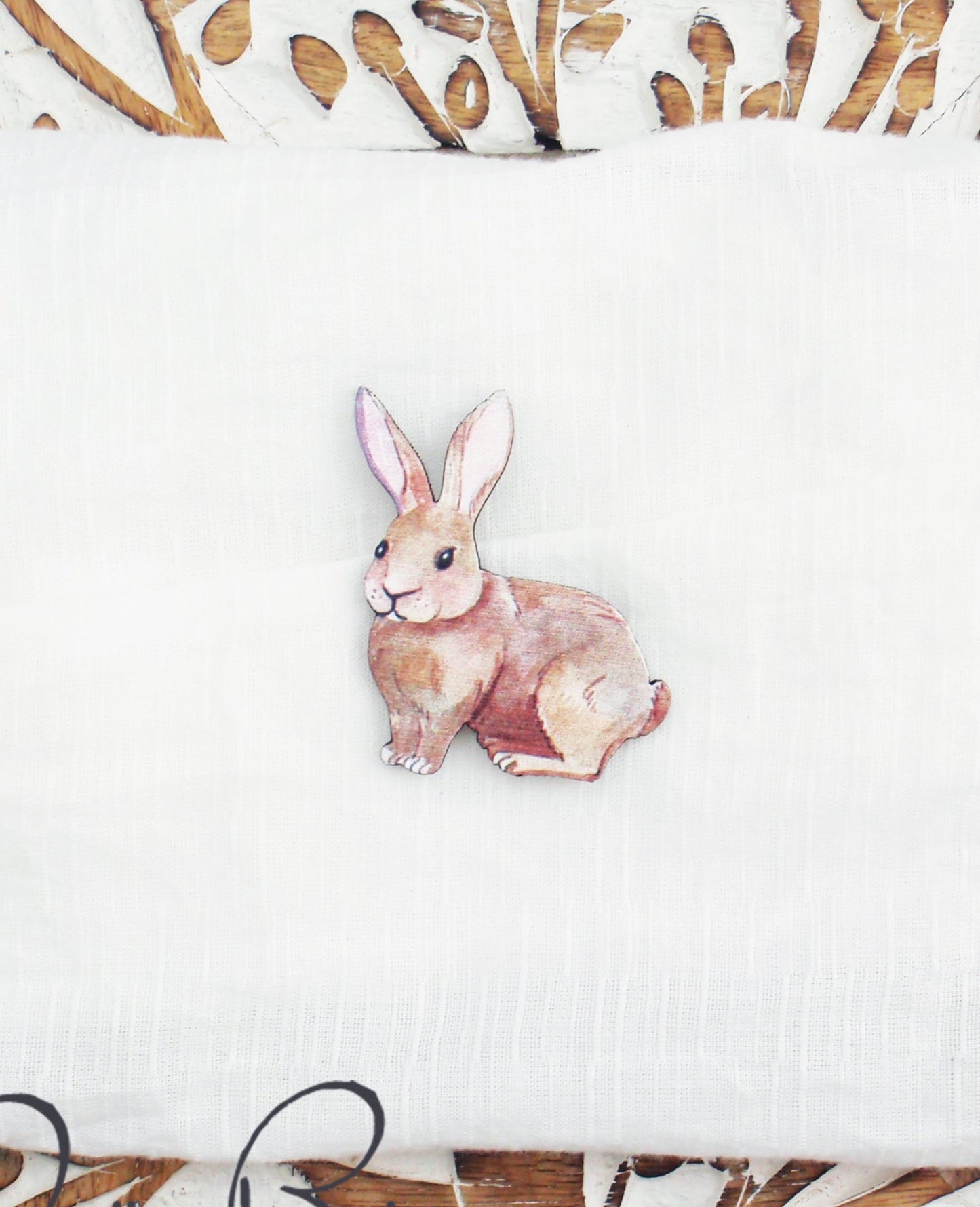 Rabbit brooch. Brown bunny with pink ears. Lasercut wood rabbit pin, brooch, badge, broach. Bunny brooch