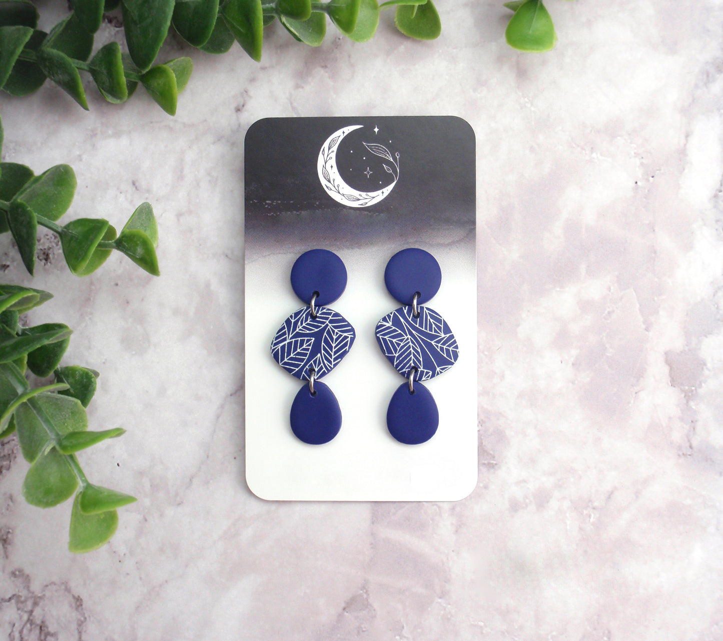 925 sterling silver, nickel free titanium or stainless steel earrings. Dark navy blue white polymer clay leaf wood hypoallergenic