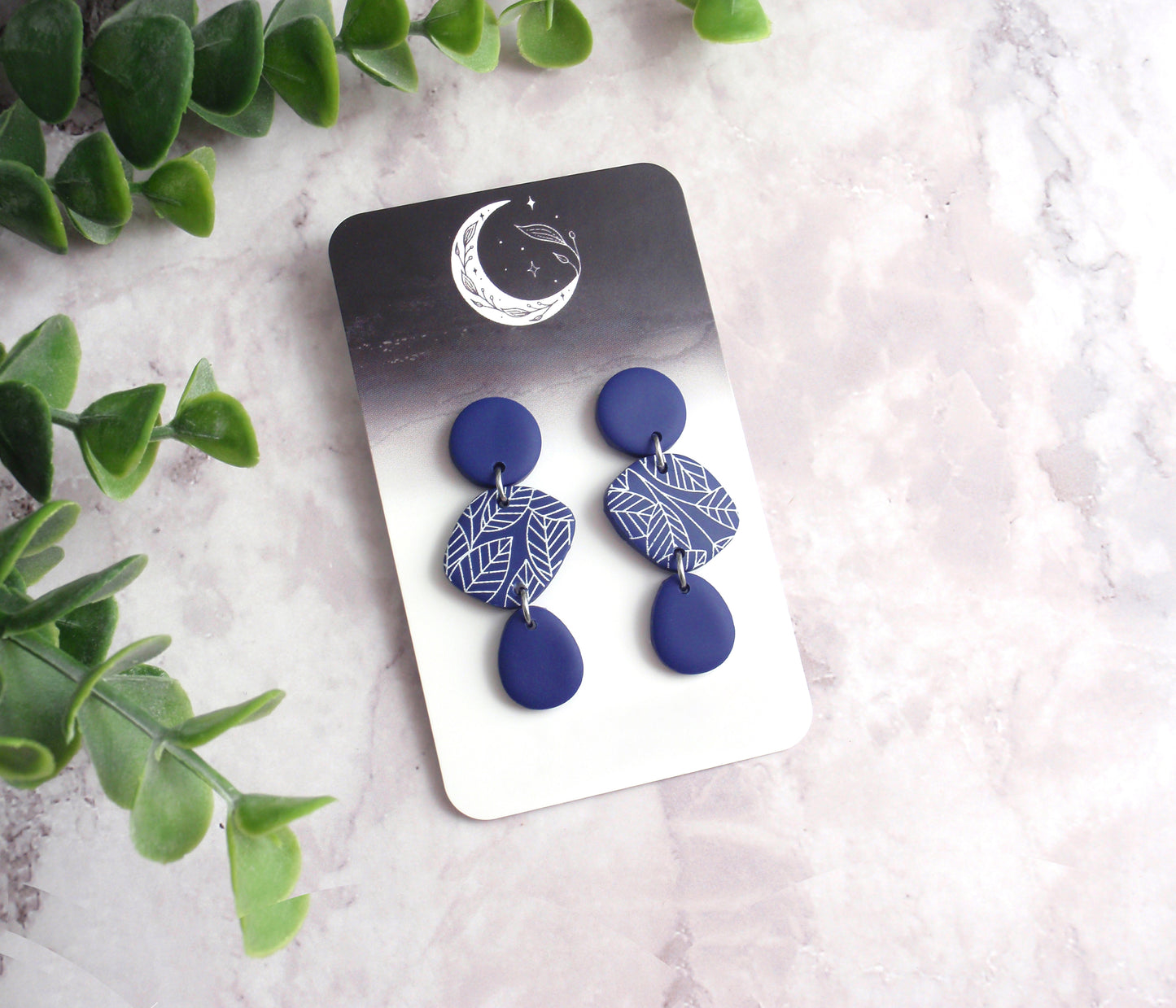 925 sterling silver, nickel free titanium or stainless steel earrings. Dark navy blue white polymer clay leaf wood hypoallergenic