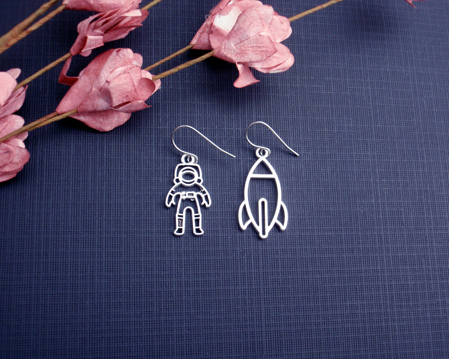 Science earrings, astronaut space ship rocket ship atom chemistry geometry. Stainless steel, nickel free titanium or 925 sterling silver