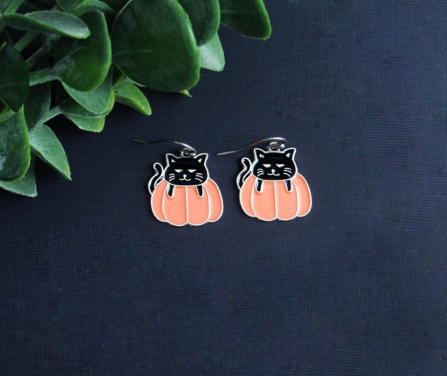 Halloween earrings. 925 sterling silver, nickel free titanium, stainless steel, black cat pumpkin, enamel, hypoallergenic earrings.