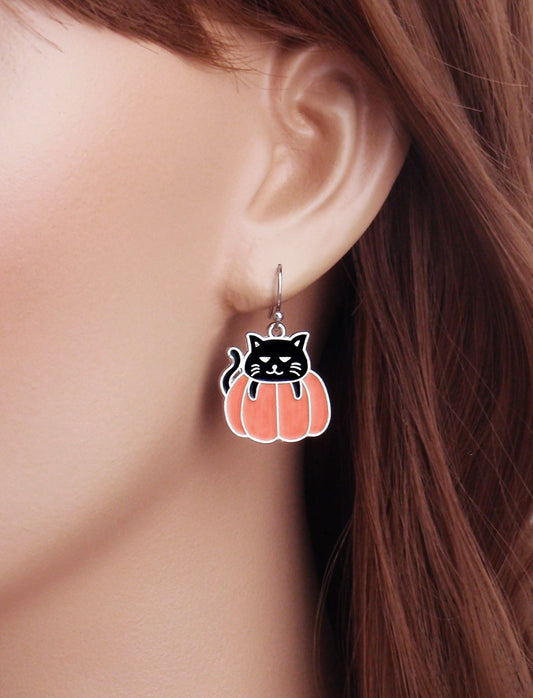 Halloween earrings. 925 sterling silver, nickel free titanium, stainless steel, black cat pumpkin, enamel, hypoallergenic earrings.