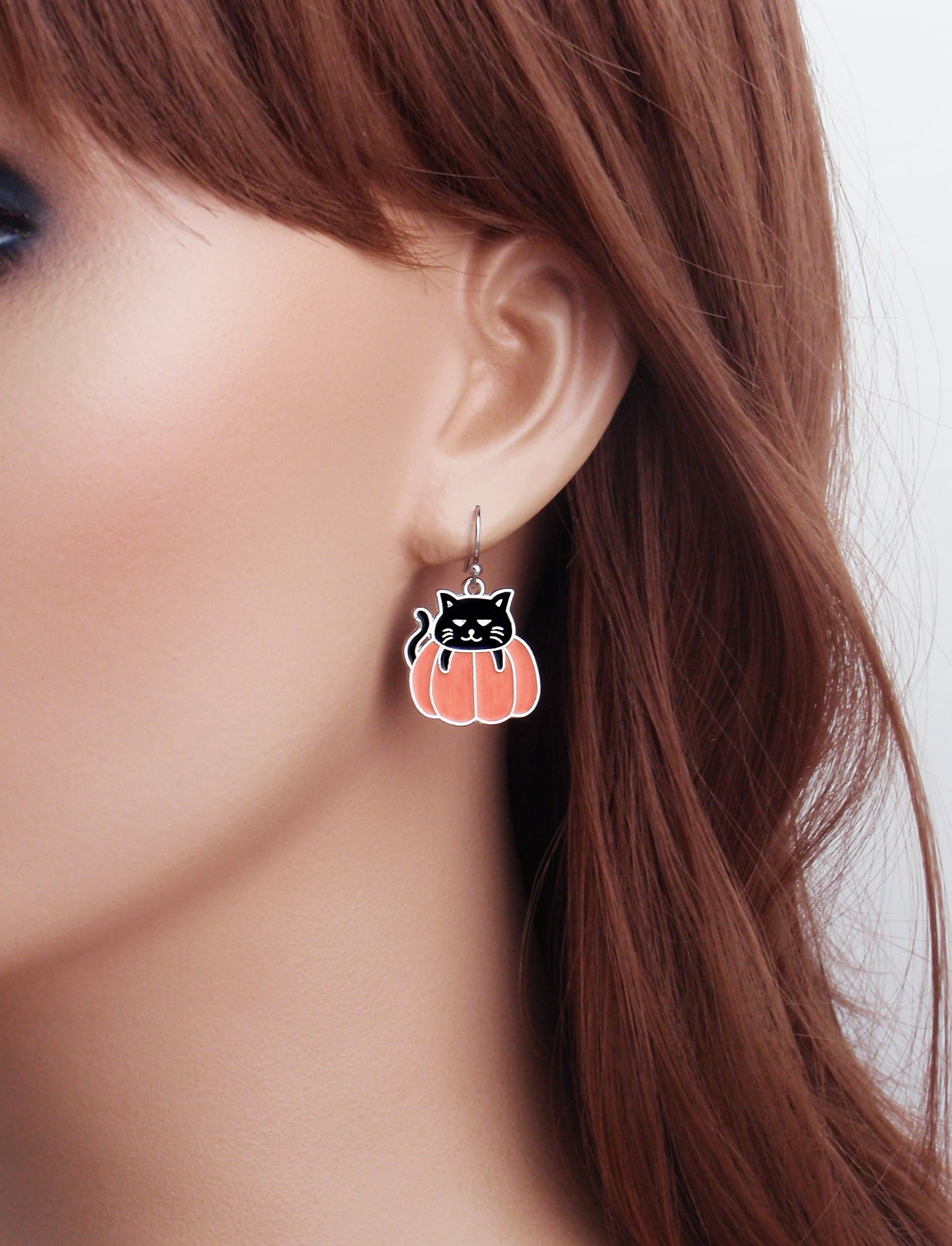 Halloween earrings. 925 sterling silver, nickel free titanium, stainless steel, black cat pumpkin, enamel, hypoallergenic earrings.