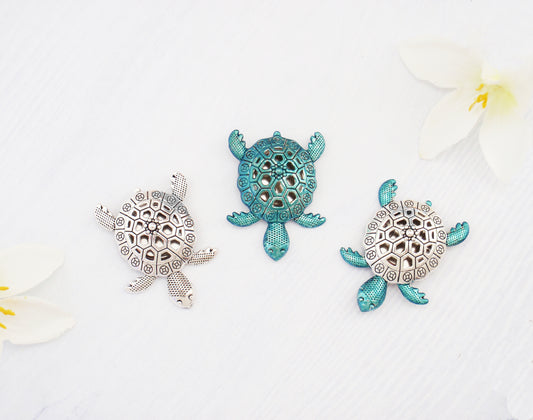 Turtle brooch. Choose silver or teal turquoise, Silver turtle jewelry. Turtle pin. Turtle broach. Antiqued silver tortoise brooch.