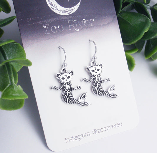 Silver skeleton mermaid cat earrings. Your choice of 925 sterling silver, nickel free titanium or stainless steel Halloween, dainty earrings