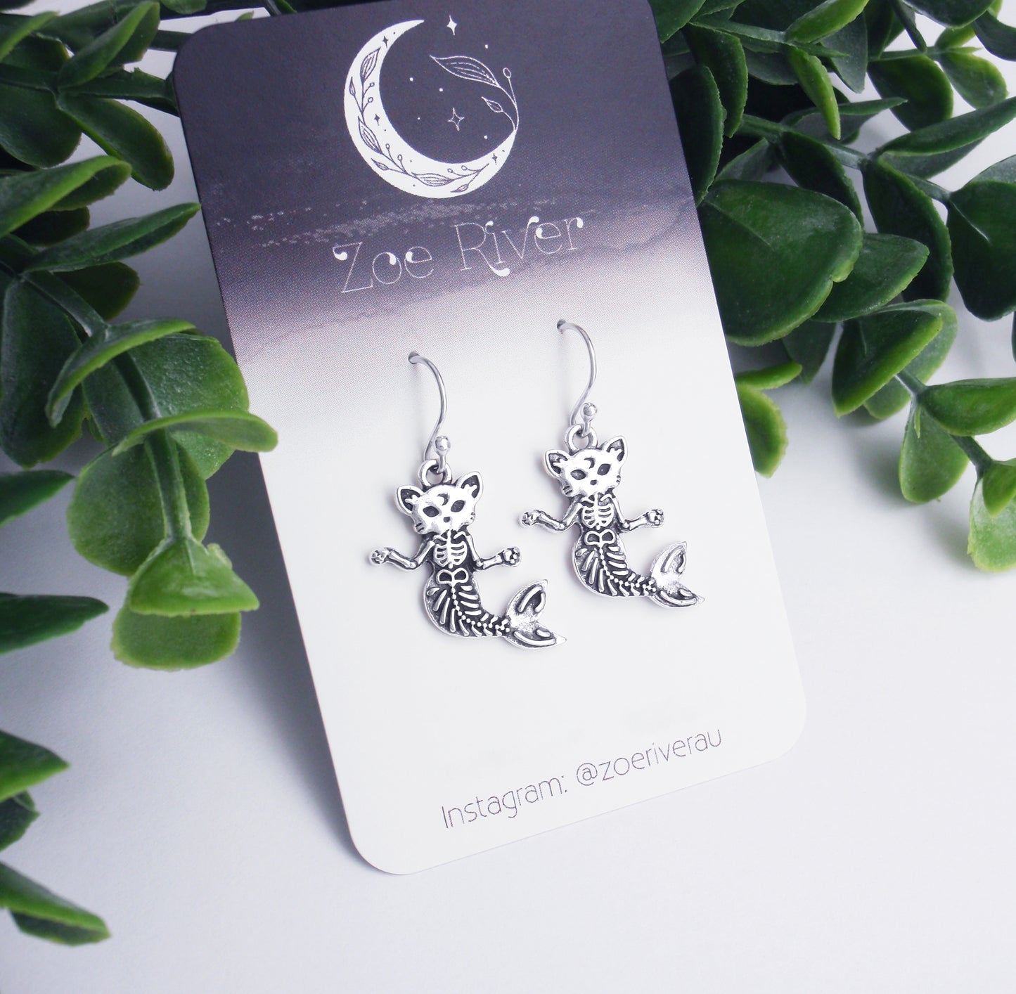 Silver skeleton mermaid cat earrings. Your choice of 925 sterling silver, nickel free titanium or stainless steel Halloween, dainty earrings