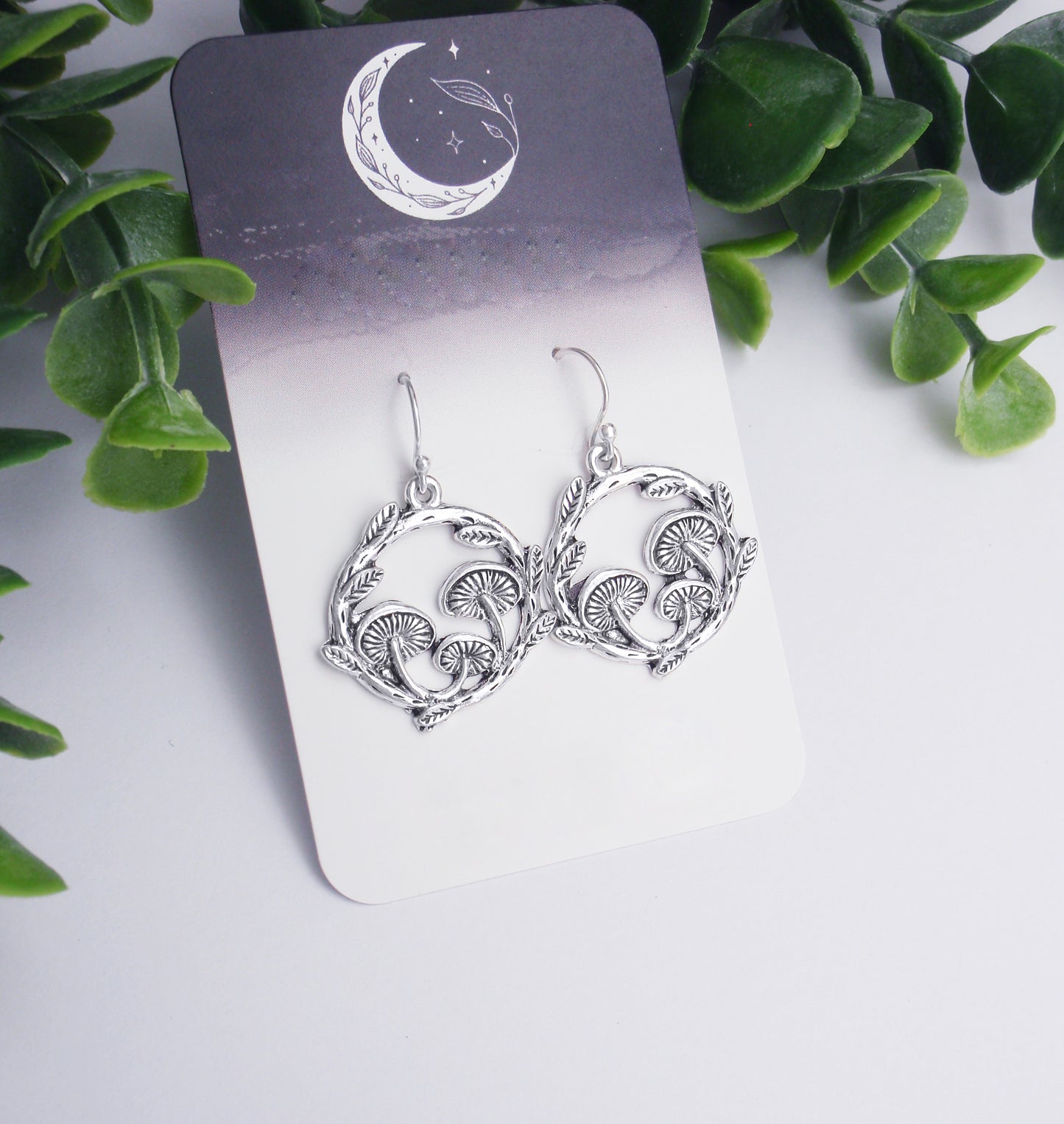 Silver Mushroom & crescent moon earrings - 925 sterling silver, nickel free titanium or stainless steel ear posts. Magic mushroom jewellery