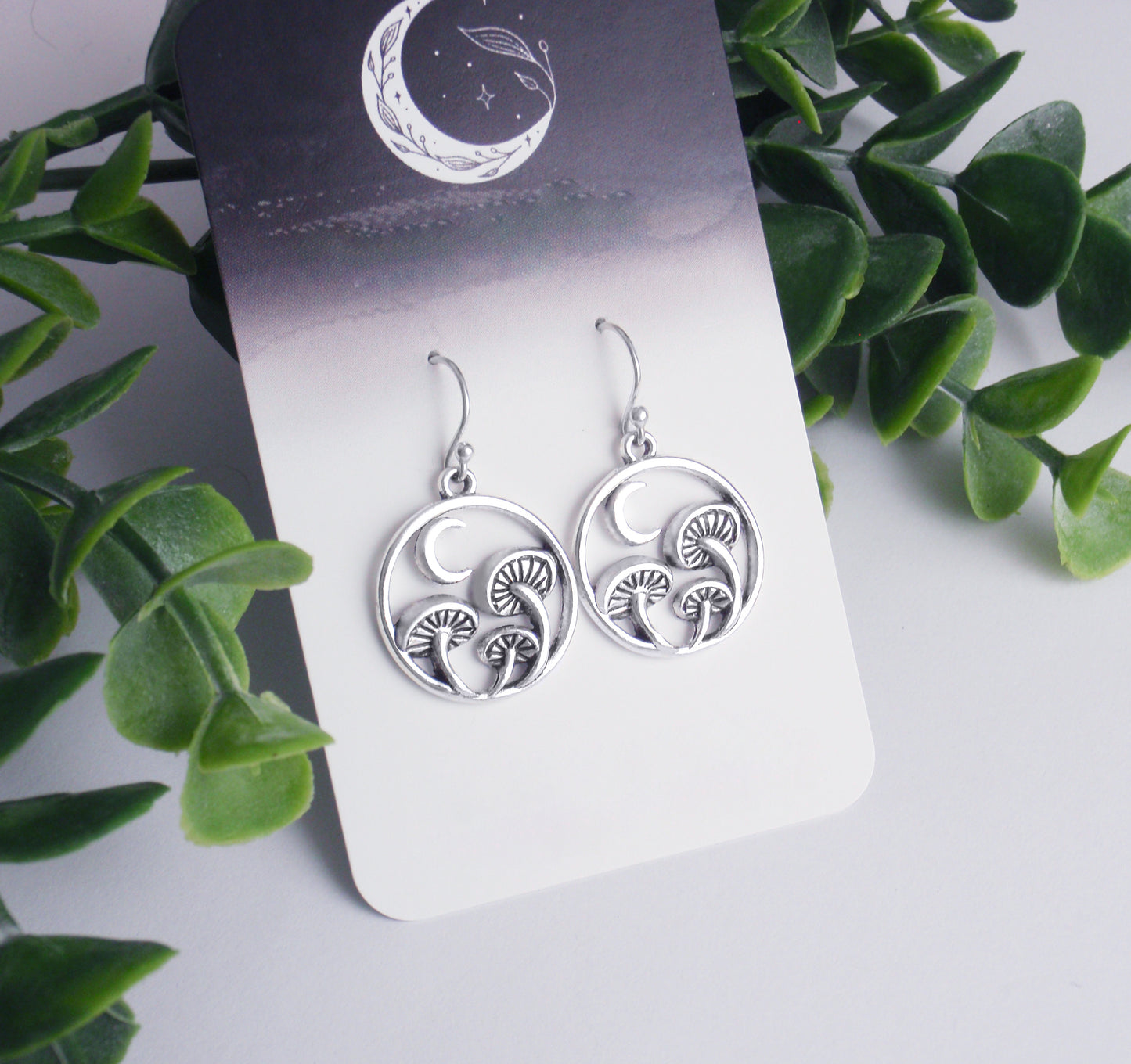 Silver Mushroom & crescent moon earrings - 925 sterling silver, nickel free titanium or stainless steel ear posts. Magic mushroom jewellery