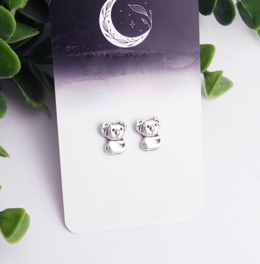 Tiny koala earrings - 925 sterling silver, nickel free titanium or stainless steel. Dainty small koala studs, gumleaves, animal, mammal