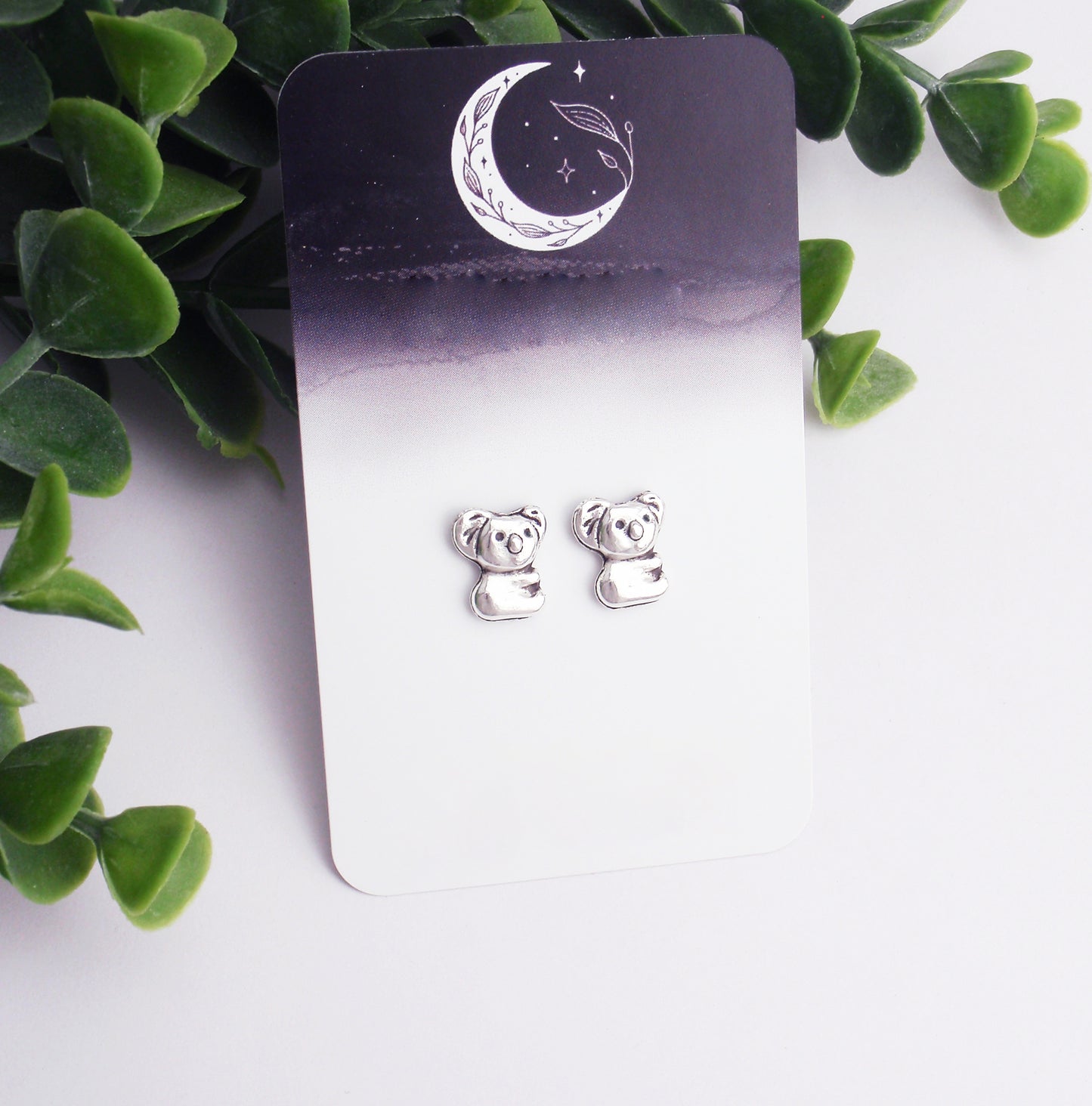 Tiny koala earrings - 925 sterling silver, nickel free titanium or stainless steel. Dainty small koala studs, gumleaves, animal, mammal