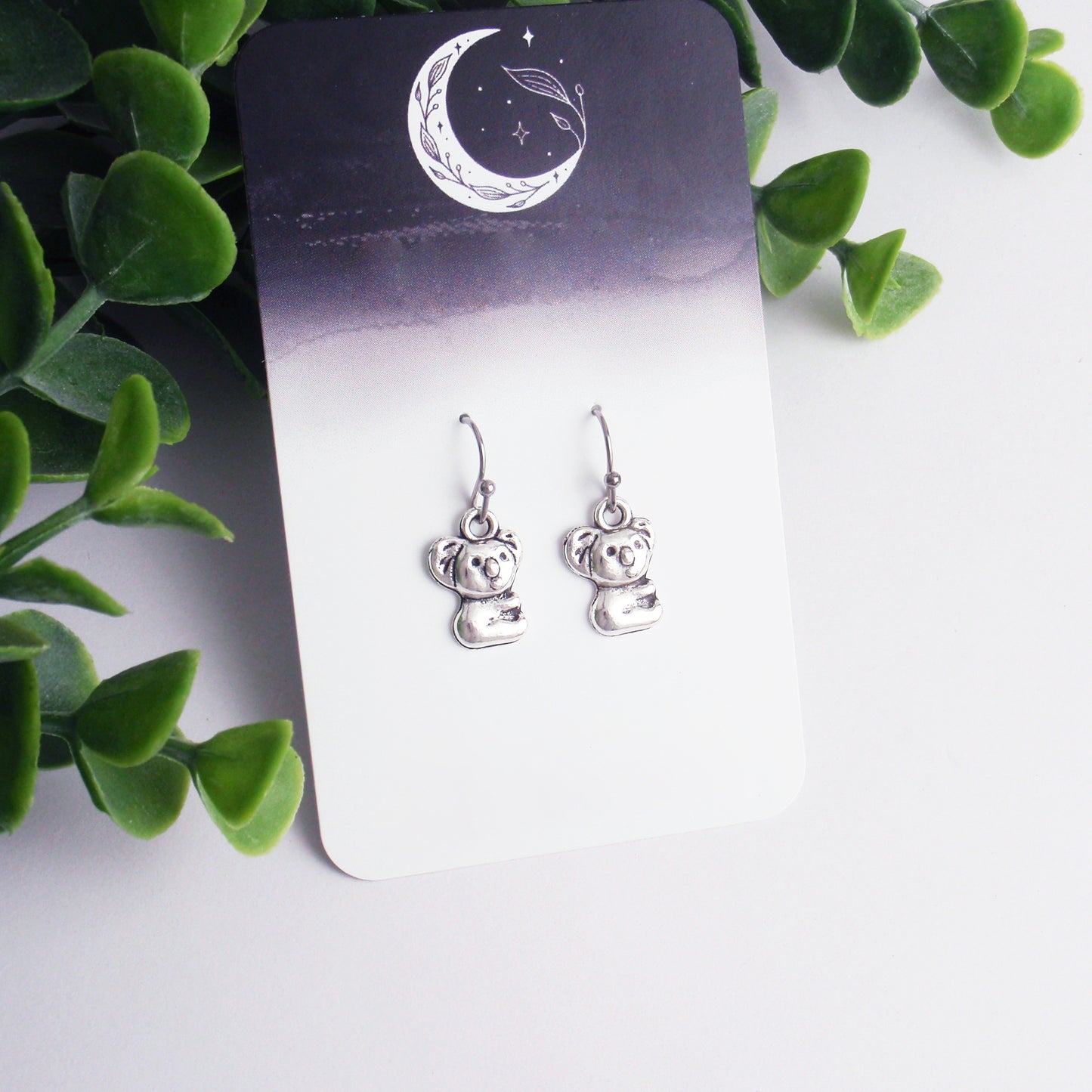 Tiny koala earrings - 925 sterling silver, nickel free titanium or stainless steel. Dainty small koala studs, gumleaves, animal, mammal