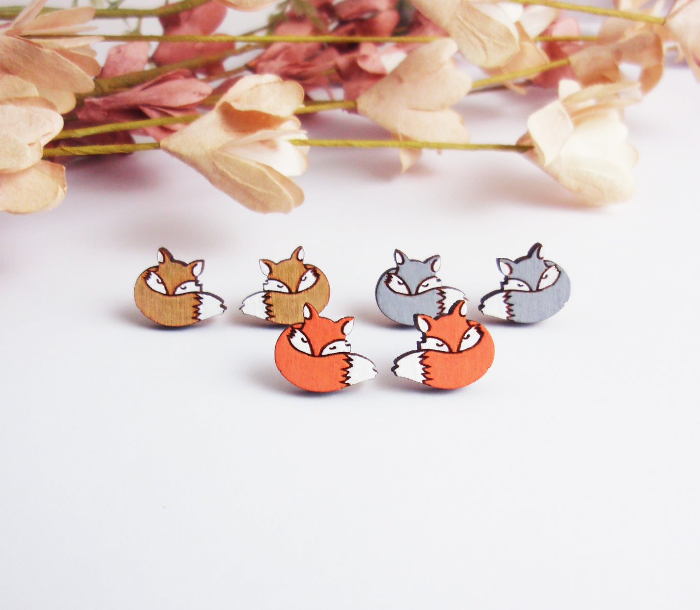 Dainty fox stud earrings with your choice -925 sterling silver, stainless steel, nickel free titanium. Orange, grey, brown fox post earrings