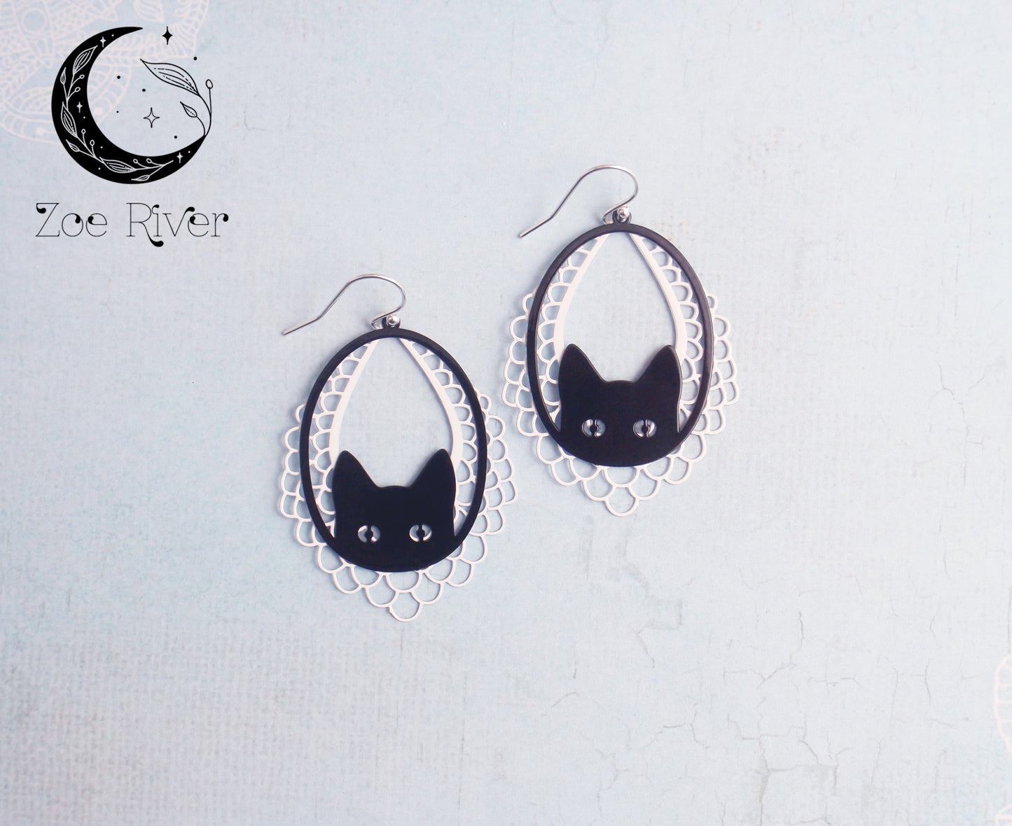 Black & white cat earrings. Your choice of 925 sterling silver, nickel free titanium or stainless steel. Hypoallergenic earrings