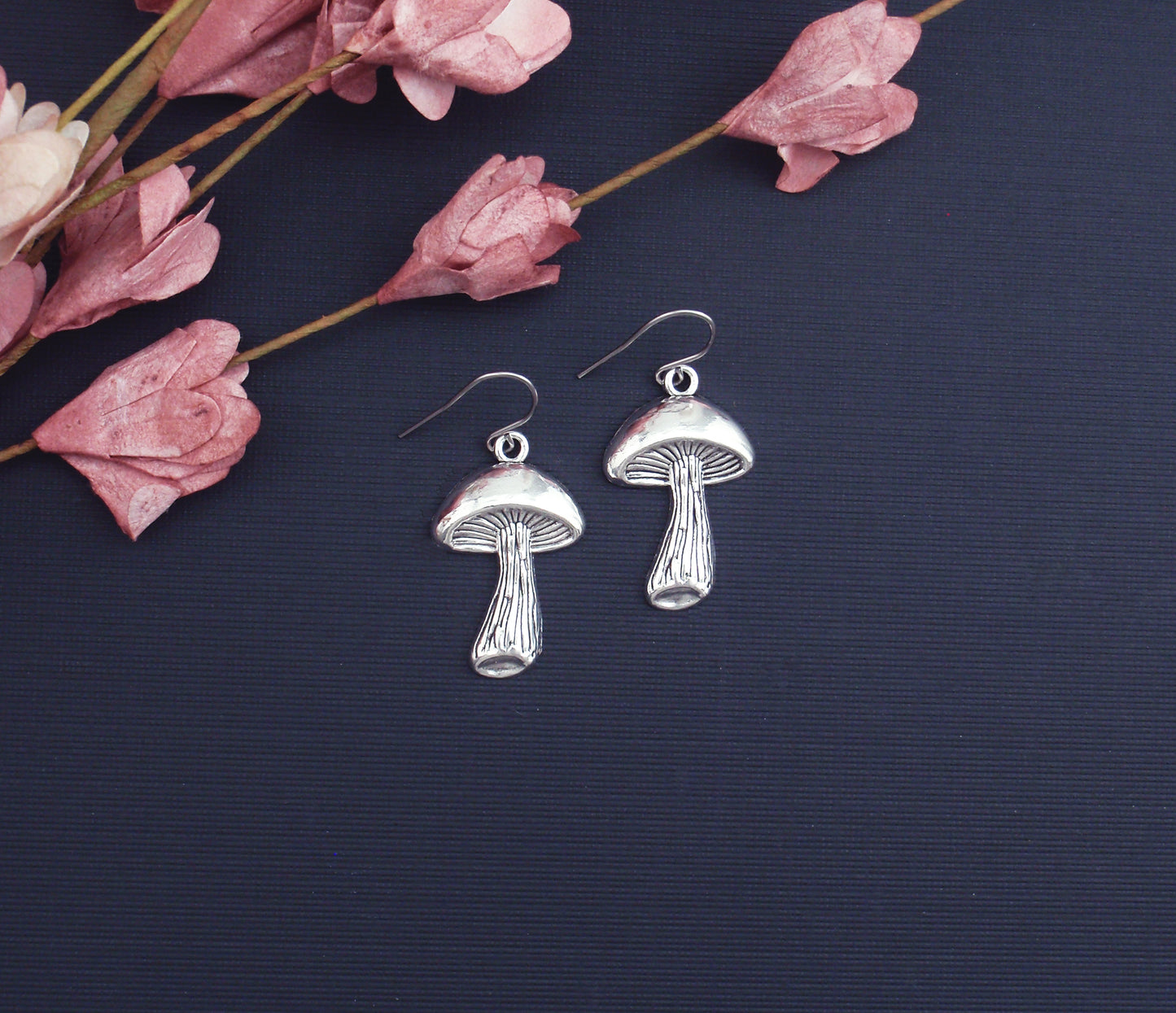 Silver mushroom earrings - 925 sterling silver, nickel free titanium or stainless steel ear posts. Magic mushroom jewellery