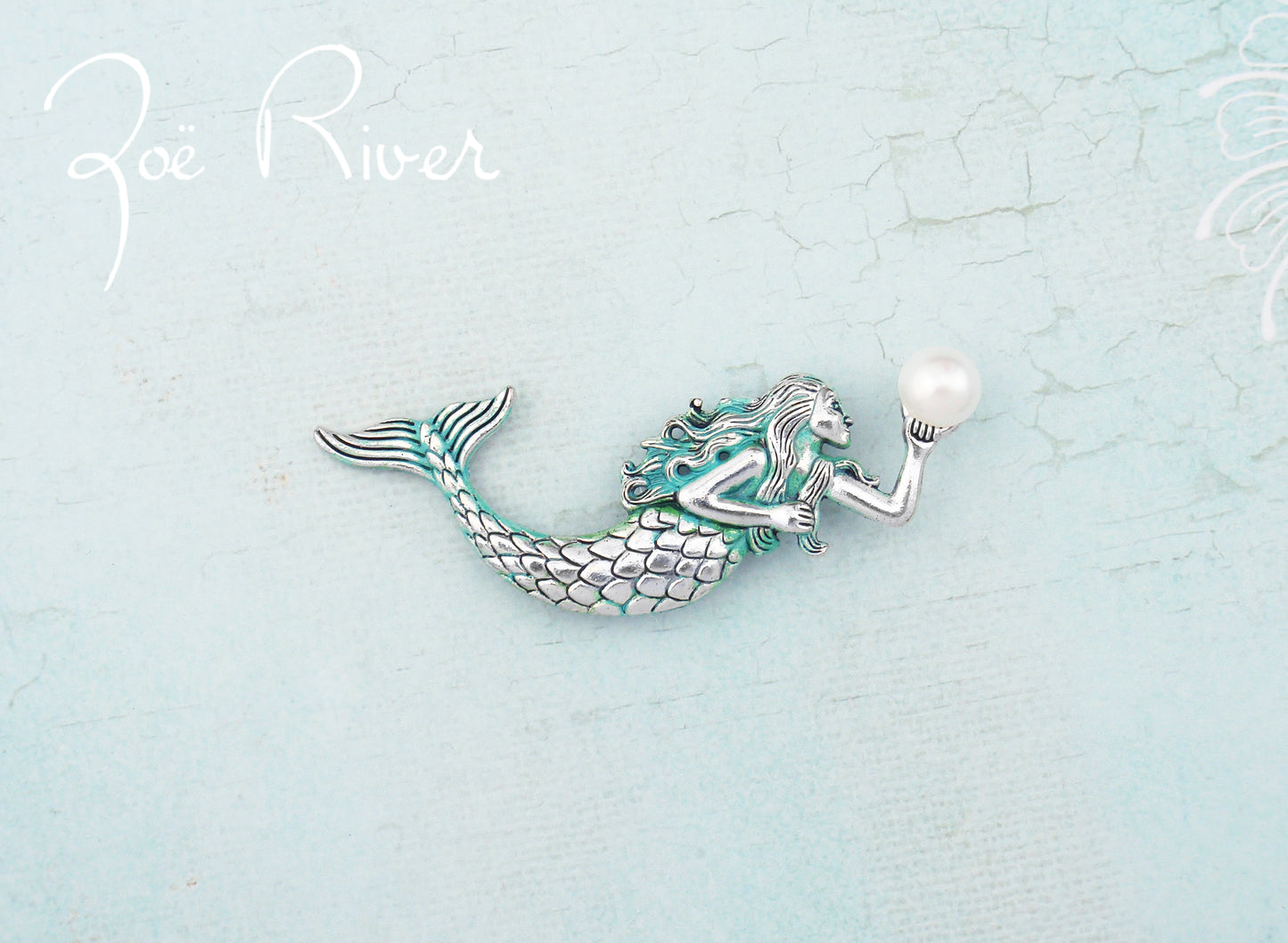 Silver and turquoise green mermaid brooch. Mermaid jewelry. Mermaid pin. Silver mermaid brooch. Turquoise brooch. Verdigris patina brooch.