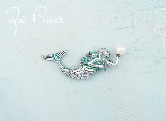 Silver and turquoise green mermaid brooch. Mermaid jewelry. Mermaid pin. Silver mermaid brooch. Turquoise brooch. Verdigris patina brooch.