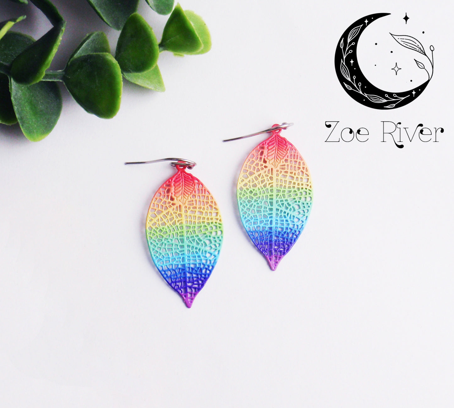 Dainty rainbow feather filigree earrings. Your choice of 925 sterling silver, nickel free titanium or stainless steel little, hypoallergenic