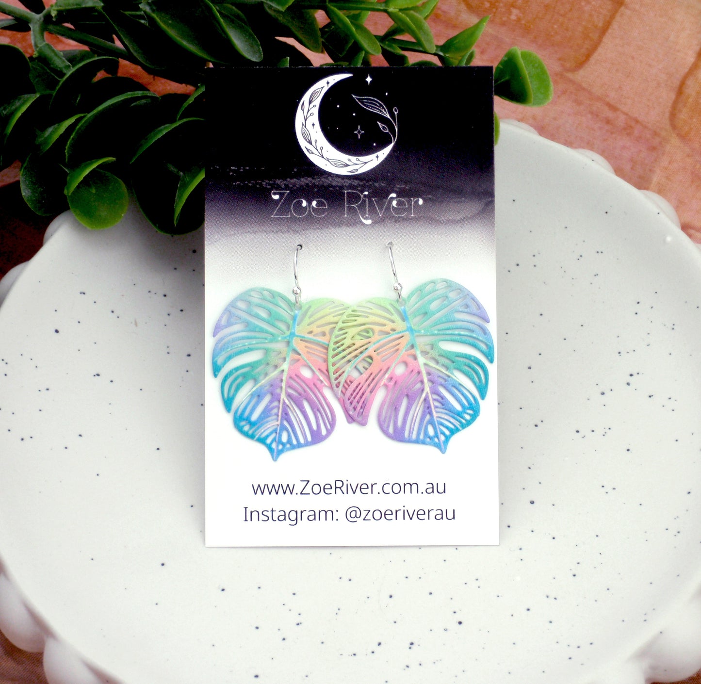 Monstera leaf filigree earrings. Your choice of 925 sterling silver, nickel free titanium or stainless steel, hypoallergenic earrings. Rainbow, colourful or green leaf earrings.