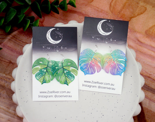 Monstera leaf filigree earrings. Your choice of 925 sterling silver, nickel free titanium or stainless steel, hypoallergenic earrings. Rainbow, colourful or green leaf earrings.