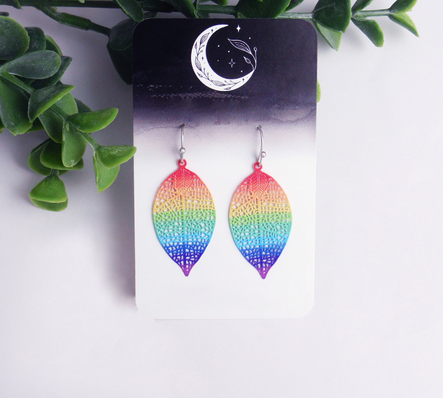 Dainty rainbow feather filigree earrings. Your choice of 925 sterling silver, nickel free titanium or stainless steel little, hypoallergenic