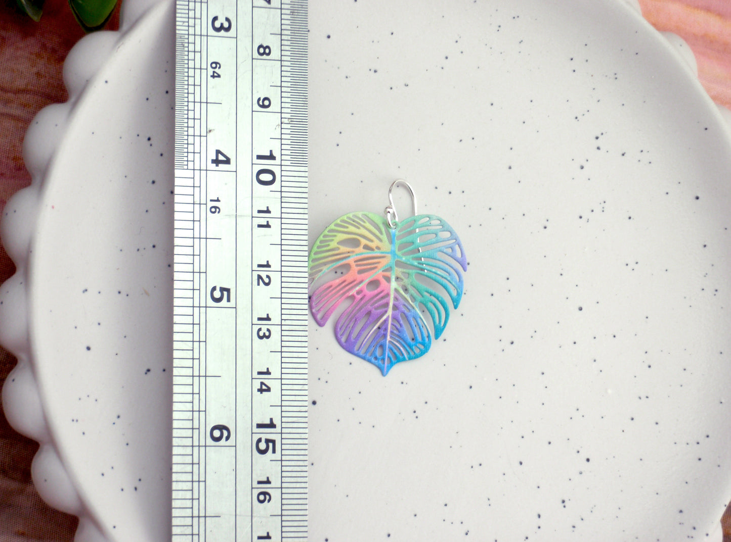 Monstera leaf filigree earrings. Your choice of 925 sterling silver, nickel free titanium or stainless steel, hypoallergenic earrings. Rainbow, colourful or green leaf earrings.