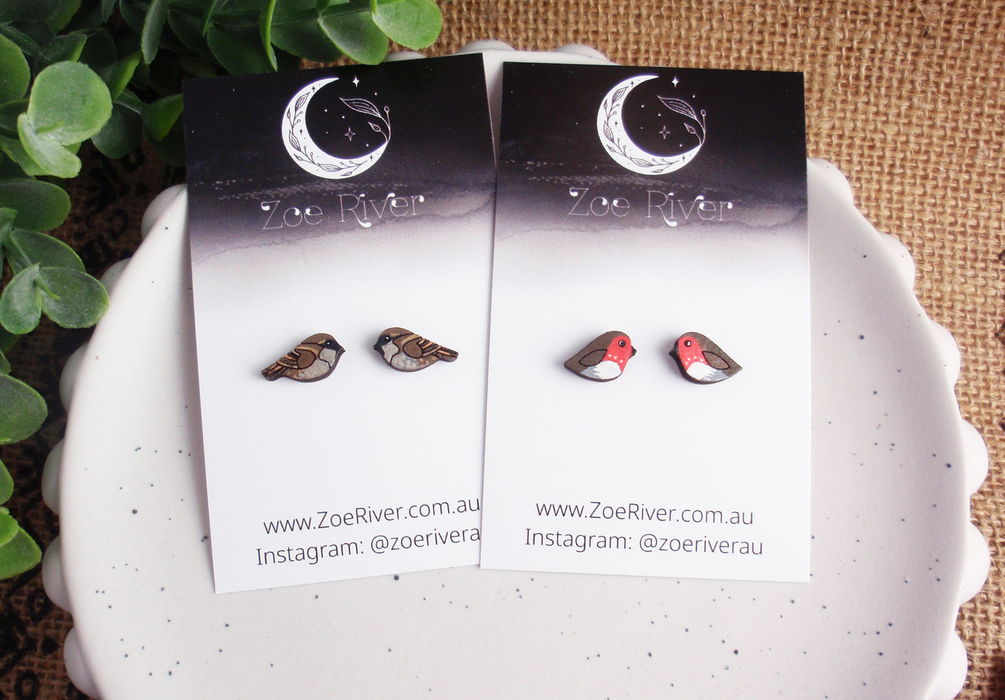 Handpainted dainty bird stud earrings with your choice -925 sterling silver, stainless steel, nickel free titanium. Red robin, brown sparrow bird post earrings