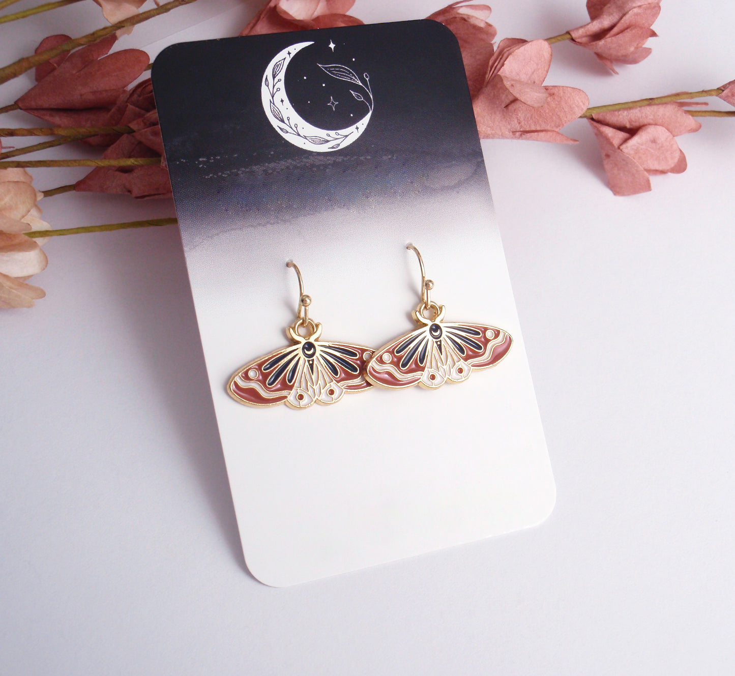 Luna moth earrings 14k gold filled, pale light green, brown caramel, crescent moon, lunar moth celestial earrings, butterfly stainless steel