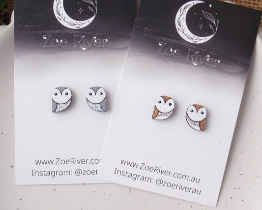 Handpainted dainty owl stud earrings with your choice -925 sterling silver, stainless steel, nickel free titanium. Brown owl, white owl, powerful owl bird post earrings