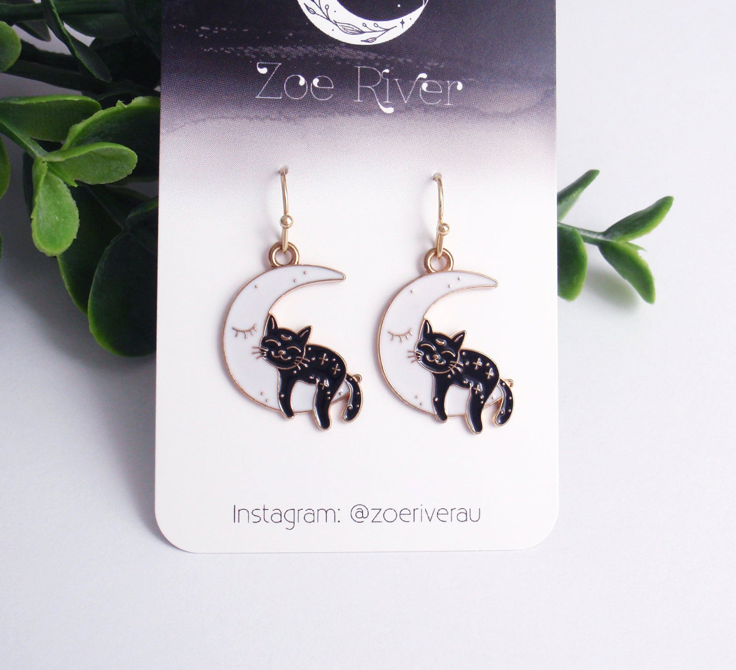 Cat earrings. Black cat, white crescent moon, choice of 14k gold filled, nickel free brass, stainless steel, hypoallergenic, dainty earrings