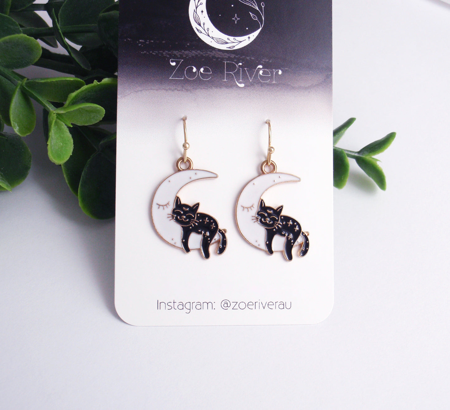 Cat earrings. Black cat, white crescent moon, choice of 14k gold filled, nickel free brass, stainless steel, hypoallergenic, dainty earrings