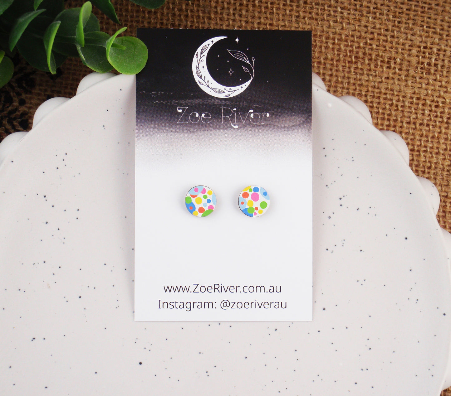 Rainbow polka dot handpainted dainty stud earrings with your choice -925 sterling silver, stainless steel, nickel free titanium. Dotty, dots, yellow, orange, pink, blue, green post earrings